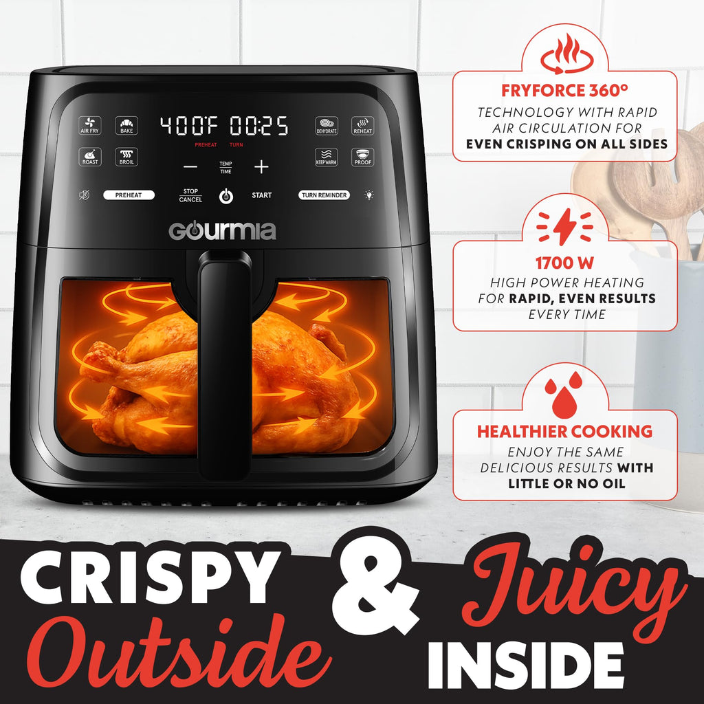 Gourmia 8 Qt Air Fryer, 8 Presets with Digital Display, FryForce 360° Technology, Easy View Window & Interior Light, Dishwasher Safe Basket, Green