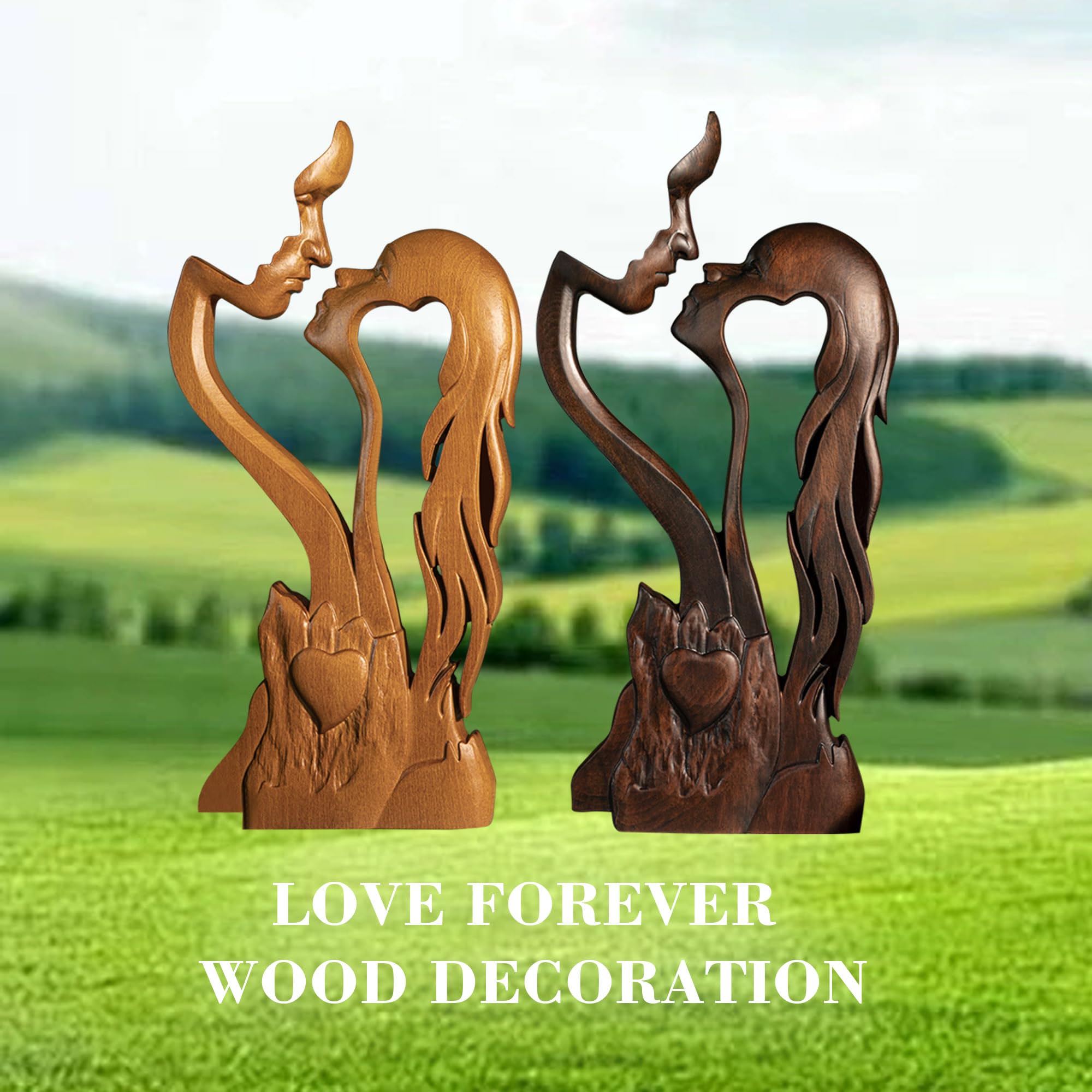 BGCOPPER Wooden Kissing Couple Ornament, Abstract Couple Portrait Sculpture Romantic Love Statue Decor Gift for Women Anniversary Valentine Wedding - 10 Inch