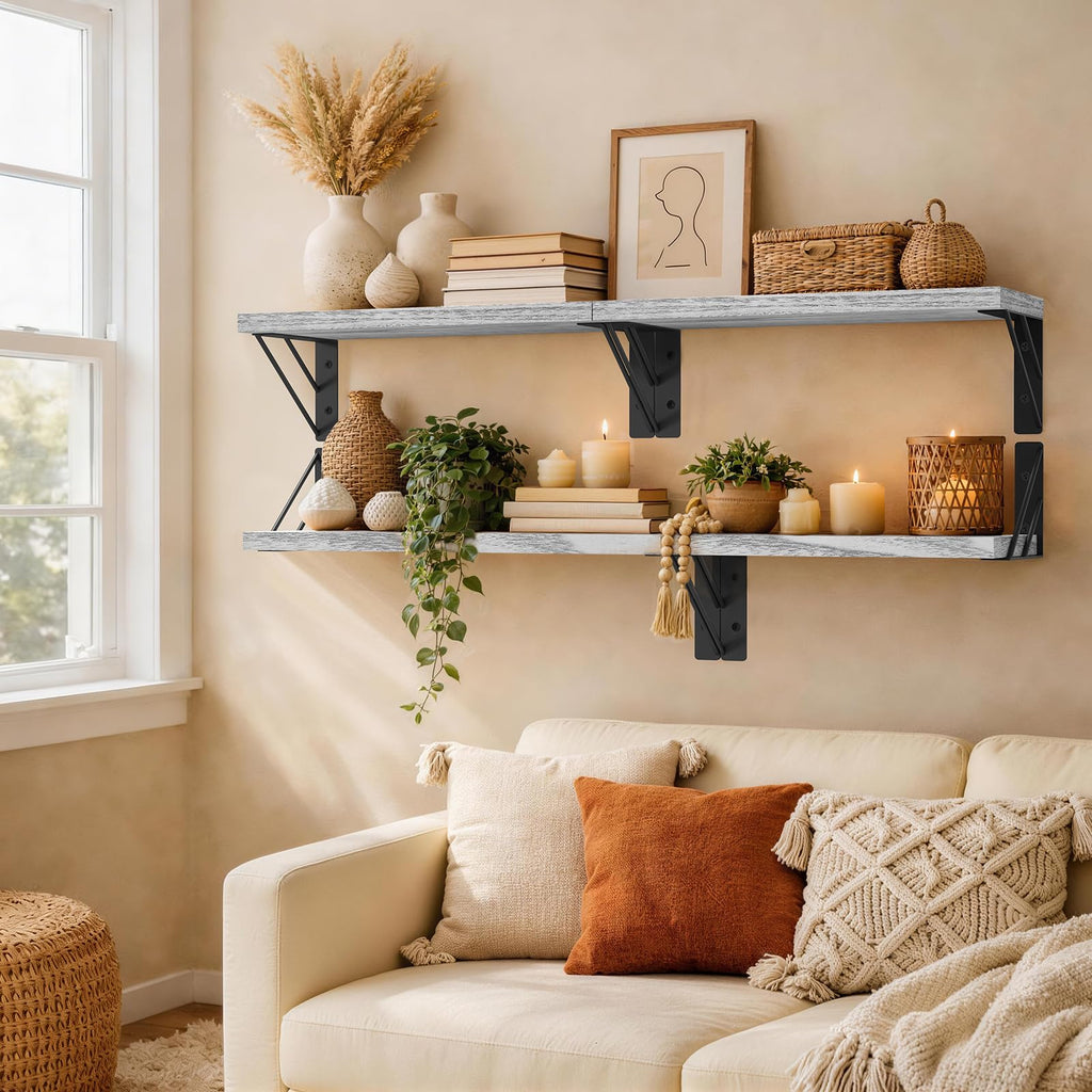 BAYKA Floating Shelves for Bedroom Decor, Wall Shelves for Storage, Wall Mounted Rustic Wood Floating Shelf for Books,Corner Shelf for Bathroom,Kitchen,Living Room(Black and Gold，Set of 4)