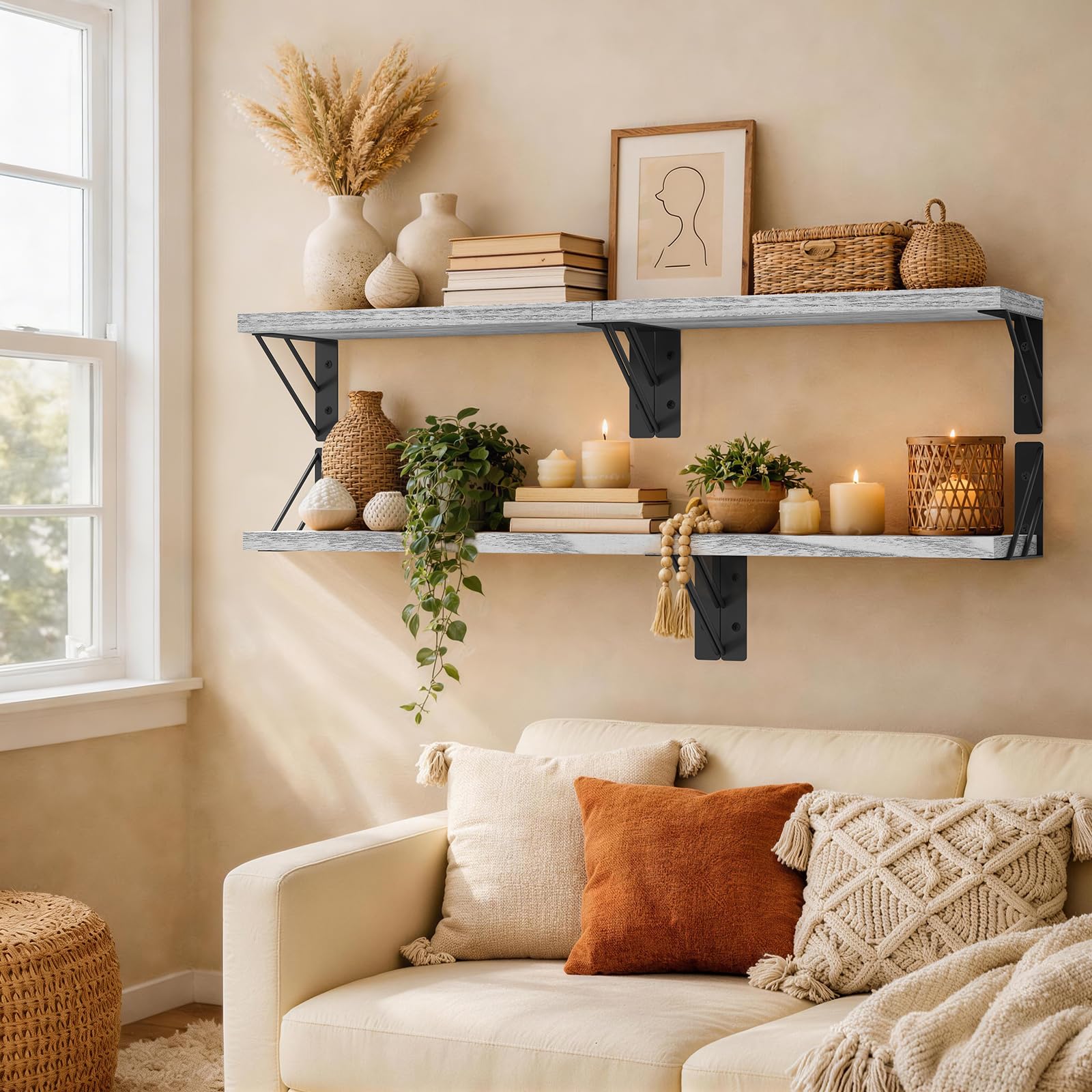 BAYKA Floating Shelves for Bedroom Decor, Wall Shelves for Storage, Wall Mounted Rustic Wood Floating Shelf for Books,Corner Shelf for Bathroom,Kitchen,Living Room(Black and Gold，Set of 4)