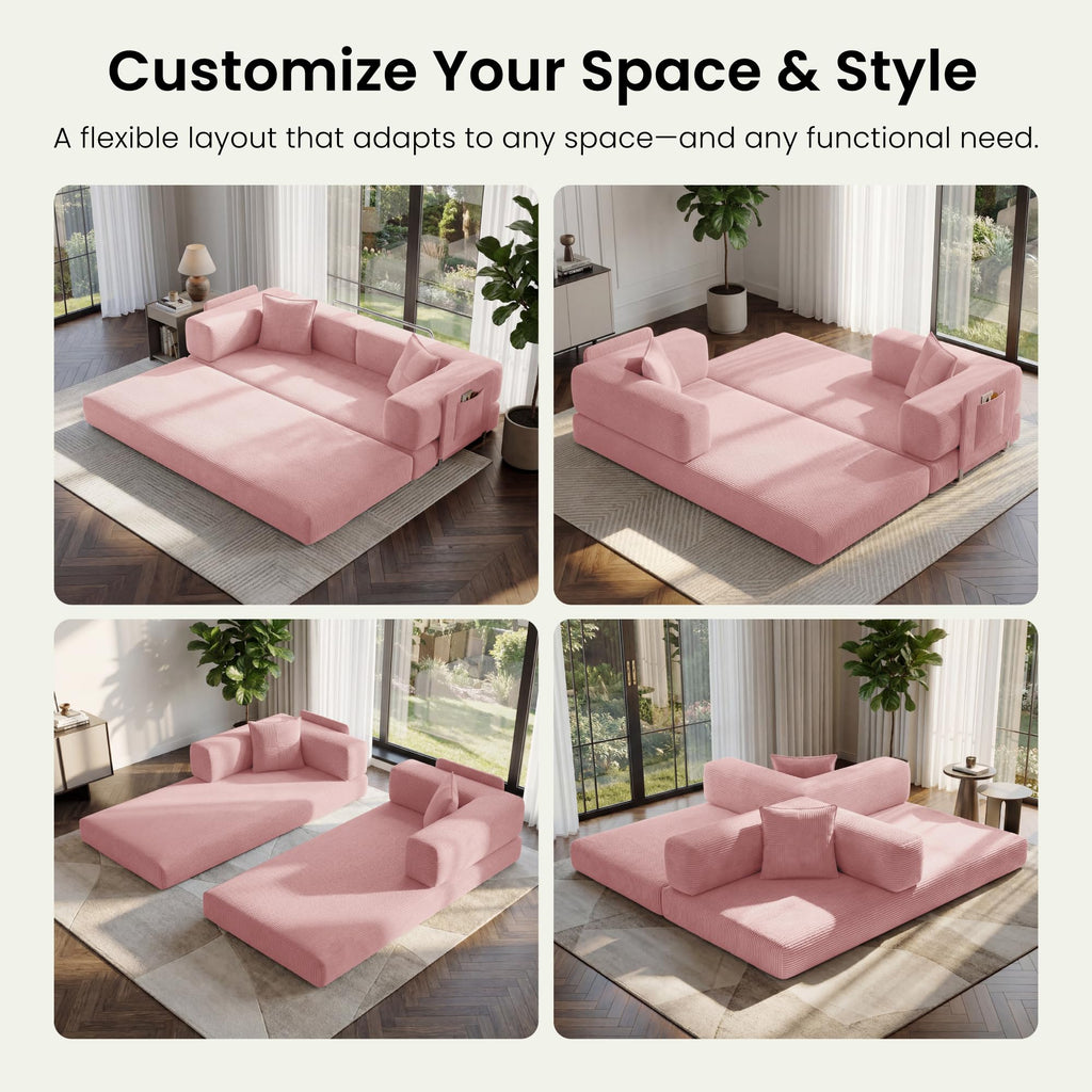 78.8" Convertible Futon Sofa Bed,Corduroy Futon Couch with Storage Pocket,Folding Pull Out Sofa,No Assembly Boneless Couch for Living Room | Pink