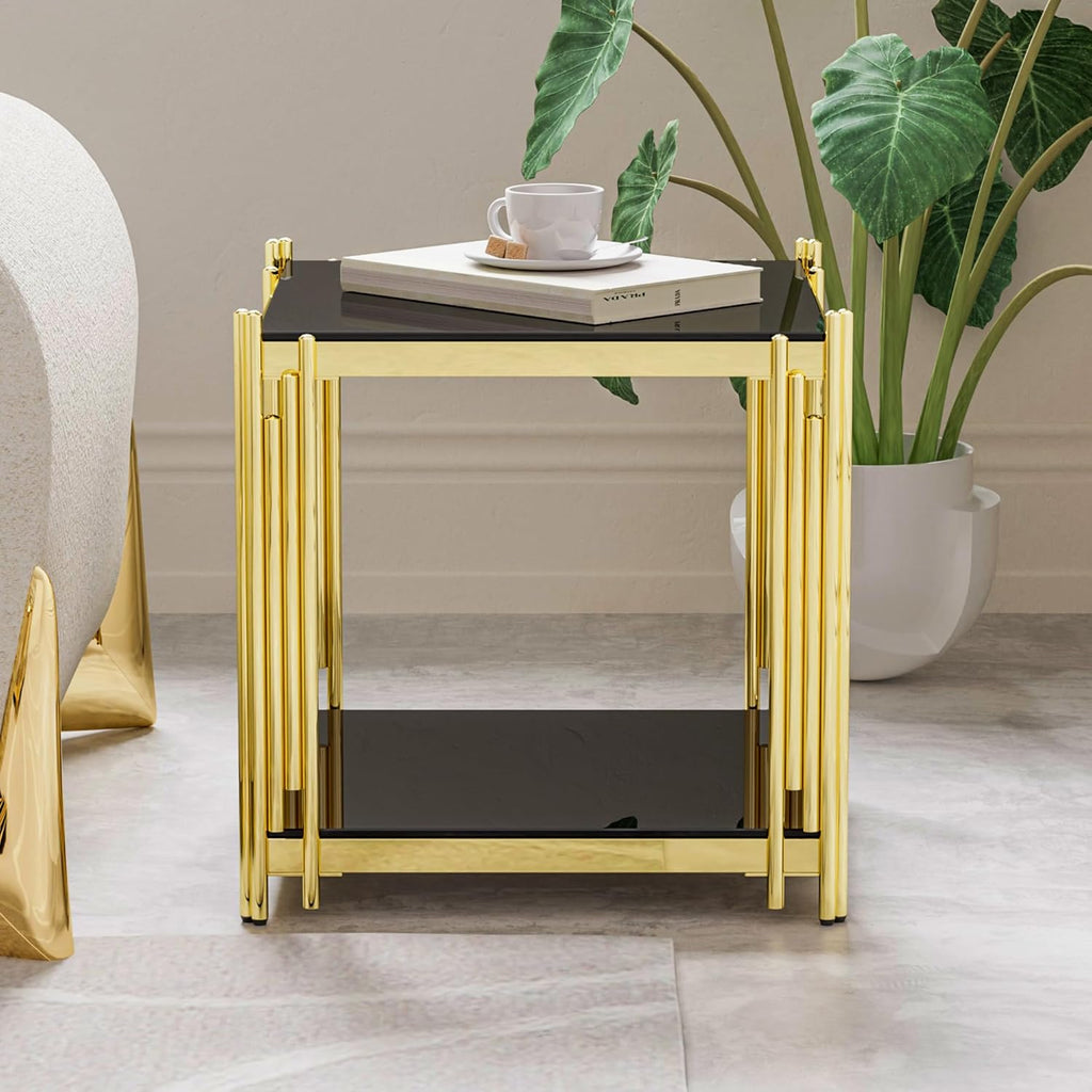 Luxury Gold Square Glass End Table, 19.7" Modern Side Table with Stainless Steel Irregular Leg Clear Tempered Glass Tabletop, Accent Furniture for Living Room, Clear