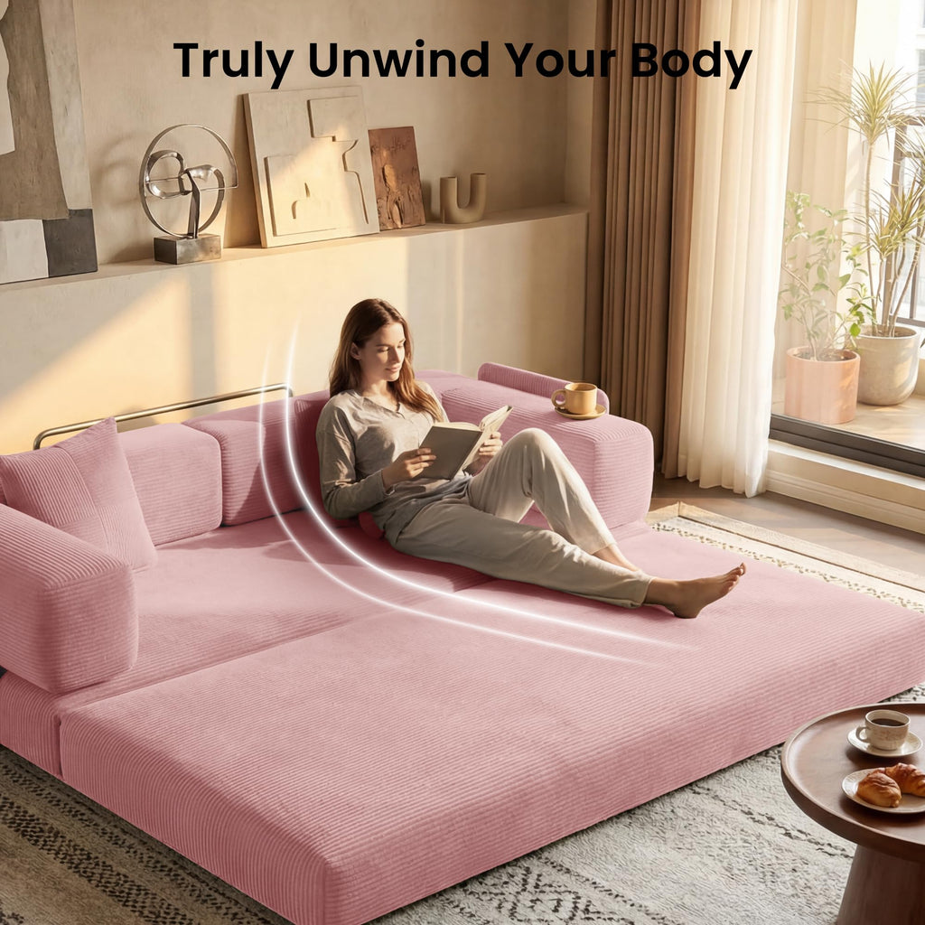 78.8" Convertible Futon Sofa Bed,Corduroy Futon Couch with Storage Pocket,Folding Pull Out Sofa,No Assembly Boneless Couch for Living Room | Pink