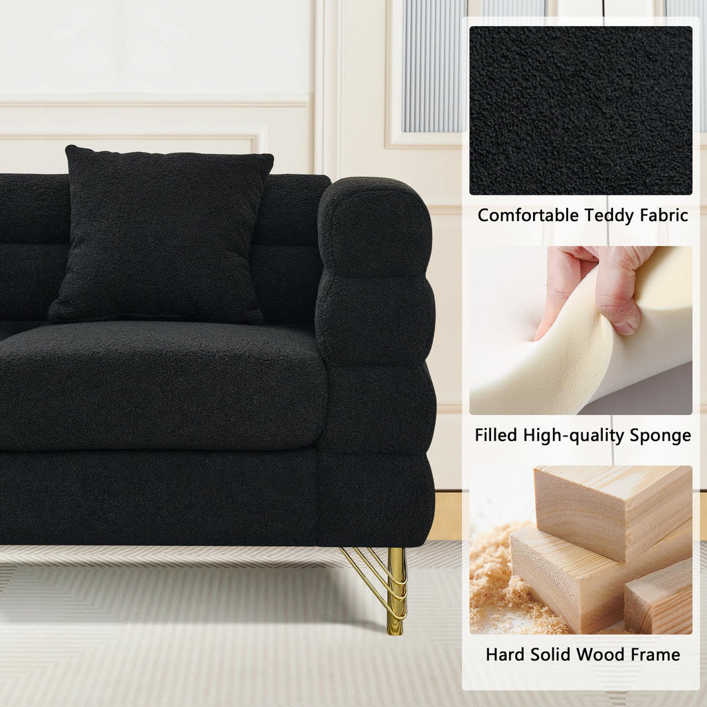 mikibama Modern Teddy Sectional Sofa, 81 Inch Oversized Sofa Couch, Luxury 3 Seater Deep Couch with 3 Pillows and Gold Metal Legs for Living Room, Bedroom, Apartment (Black)