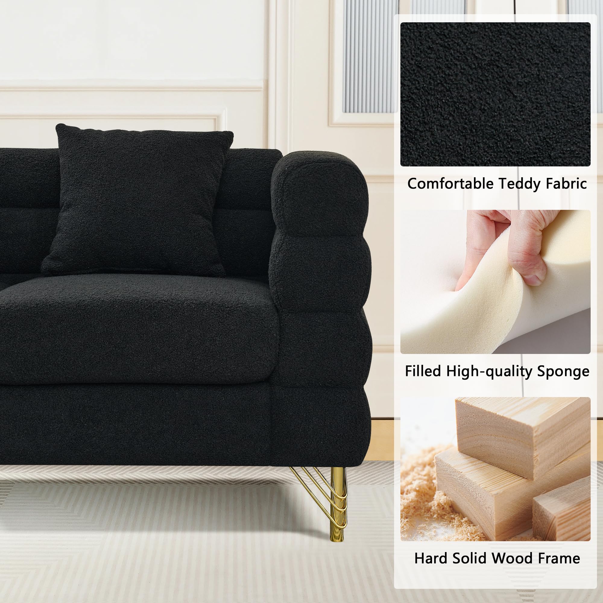 mikibama Modern Teddy Sectional Sofa, 81 Inch Oversized Sofa Couch, Luxury 3 Seater Deep Couch with 3 Pillows and Gold Metal Legs for Living Room, Bedroom, Apartment (Black)