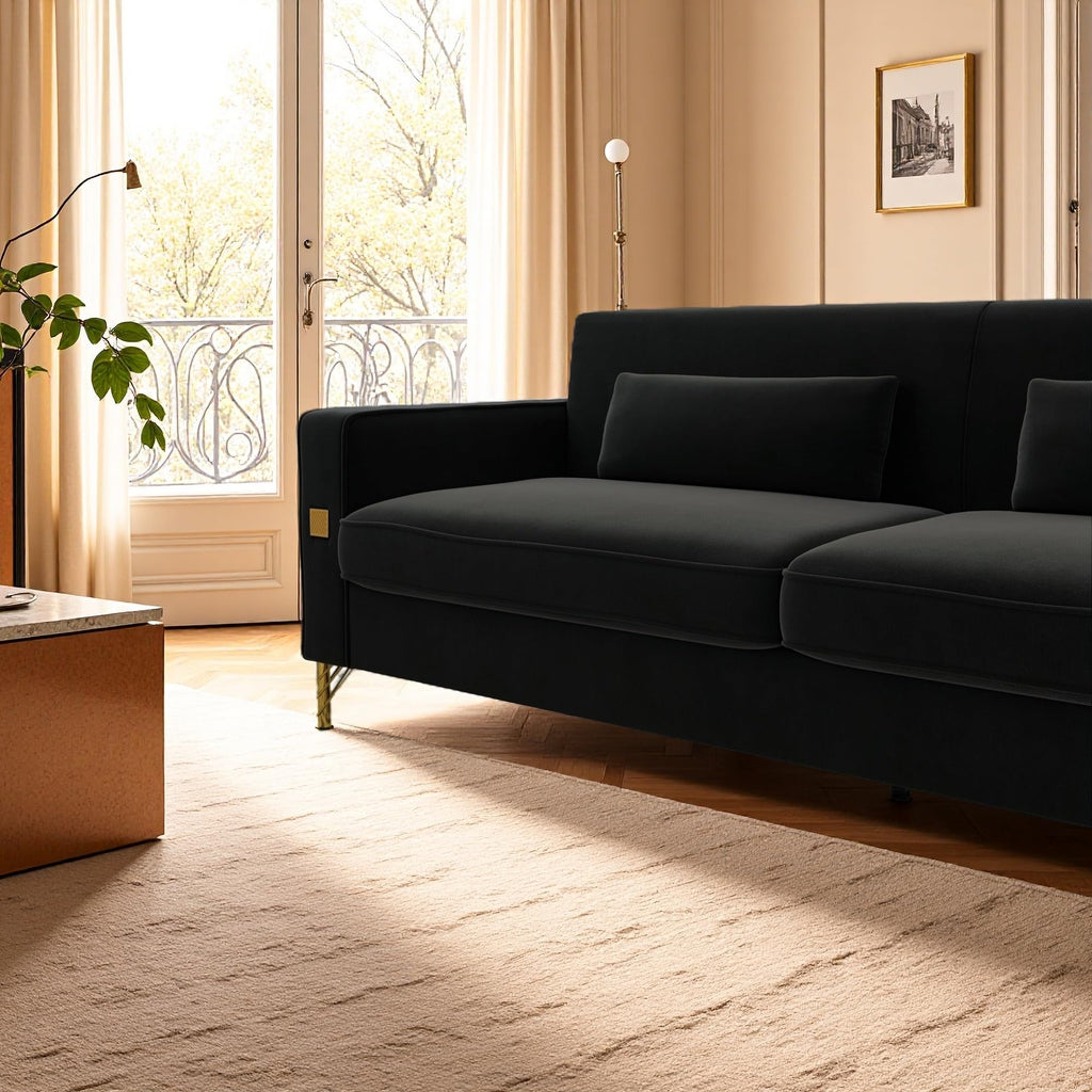 KEIKI 86" Oversized Luxury Velvet Sofa with Armrest and Removable Plush Cushions, Modern Style Gold Accents 3-Seater Couch with Solid Legs, Easy Assembly, for Living Room, Apartment, Green