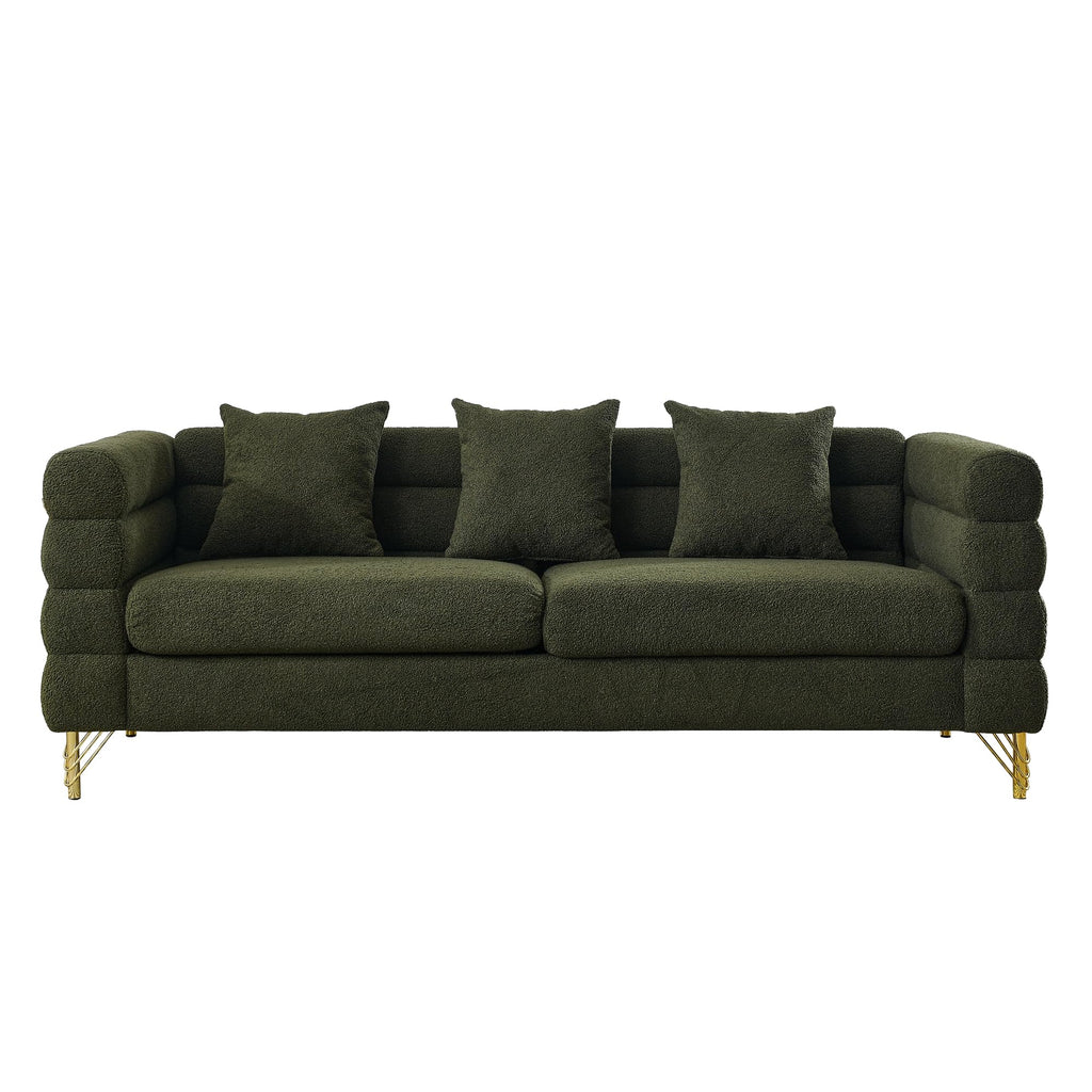 mikibama Modern Teddy Sectional Sofa, 81 Inch Oversized Sofa Couch, Luxury 3 Seater Deep Couch with 3 Pillows and Gold Metal Legs for Living Room, Bedroom, Apartment (Black)