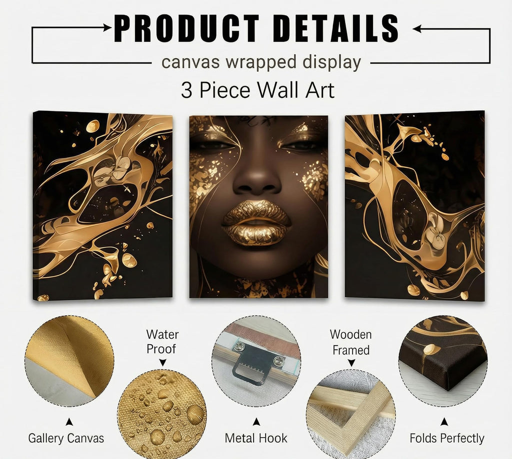 3 Pcs Black Gold Woman Canvas Wall Art African American Black Girl Wall Decor Pictures Abstract Black Gold Female Poster Print Artwork for Living Room Bedroom Scene Home Decoration Prepare To Hang
