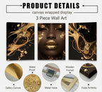 3 Pcs Black Gold Woman Canvas Wall Art African American Black Girl Wall Decor Pictures Abstract Black Gold Female Poster Print Artwork for Living Room Bedroom Scene Home Decoration Prepare To Hang