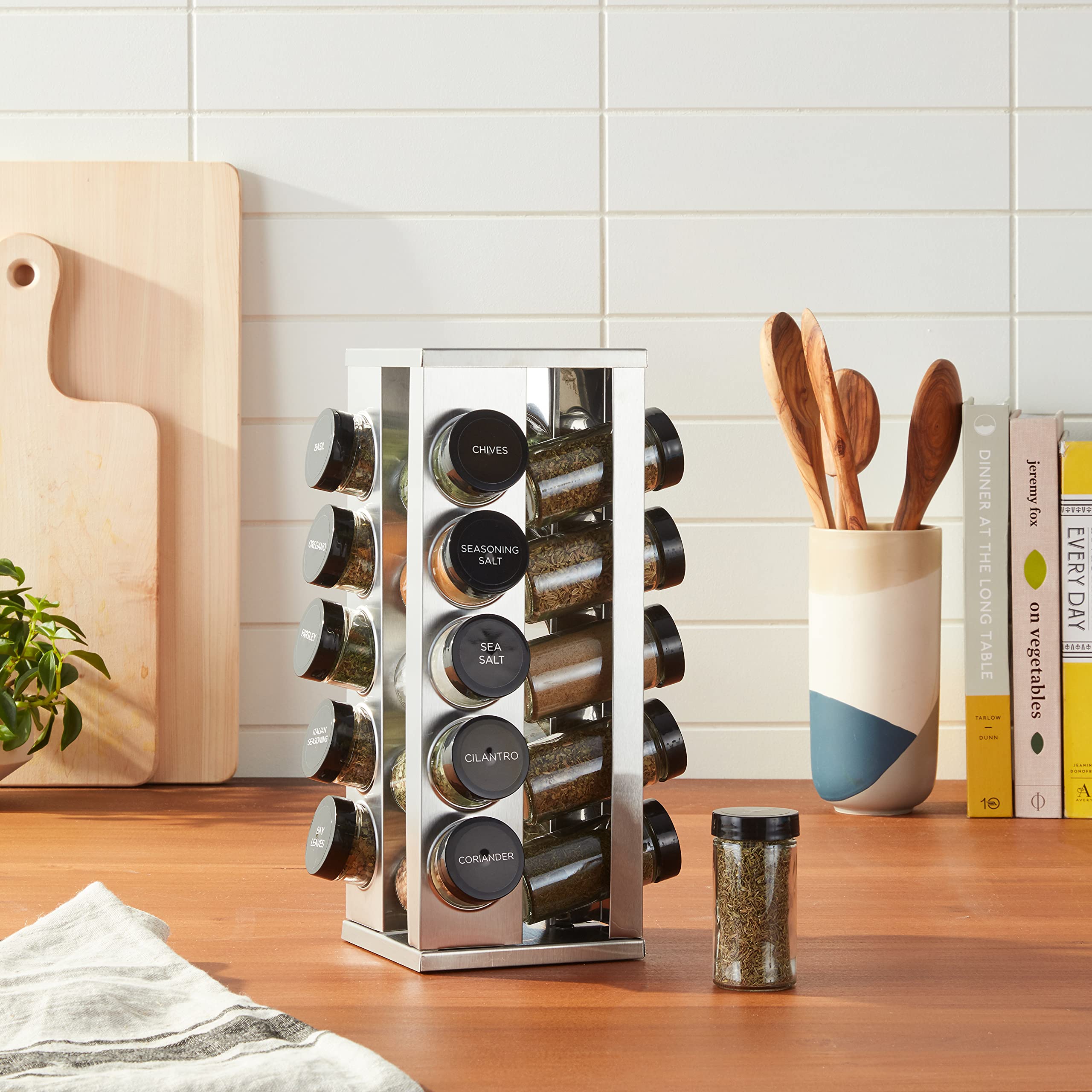 Kamenstein 20 Jar Revolving Countertop Spice Rack with Spices Included, FREE Spice Refills for 5 Years, Polished Stainless Steel with Black Caps, 30020