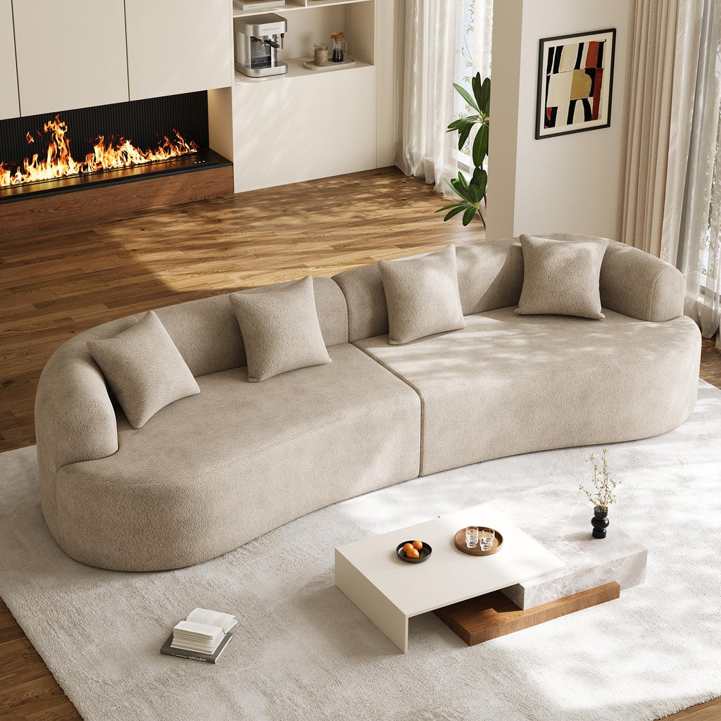131" Oversized Sectional Sofa for Living Room, Modern Luxury Plush Chenille 4-Seater Extra Deep & Wide Seat Curved Cloud Couch with 4 Throw Pillows, No Assembly Needed, Light Brown