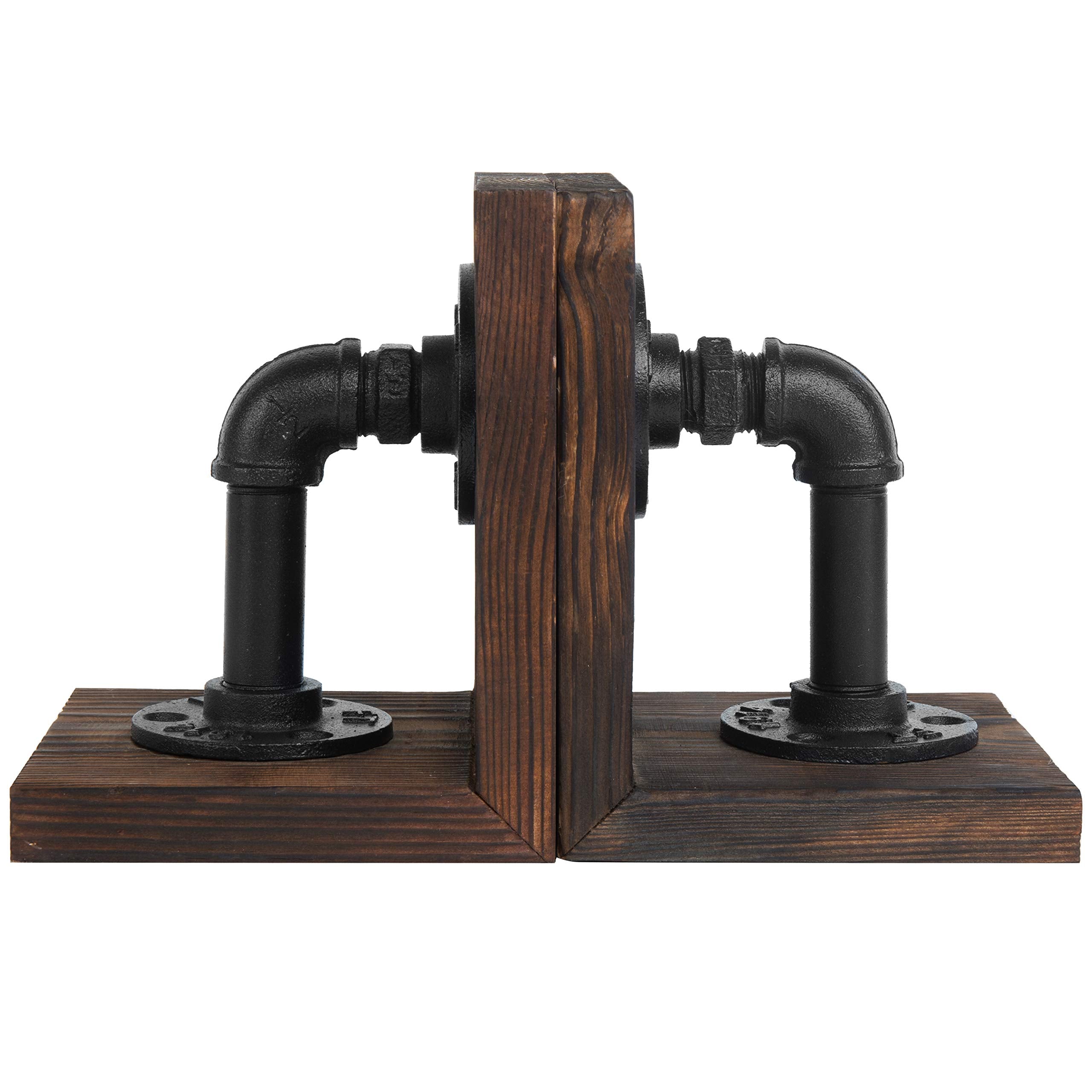 MyGift Book Ends Decorative, Bookends for Shelves, Metal Bookends for Heavy Books, Office Decor for Men, Wood Book Stopper, Realistic Industrial Pipe Design, Dark Brown