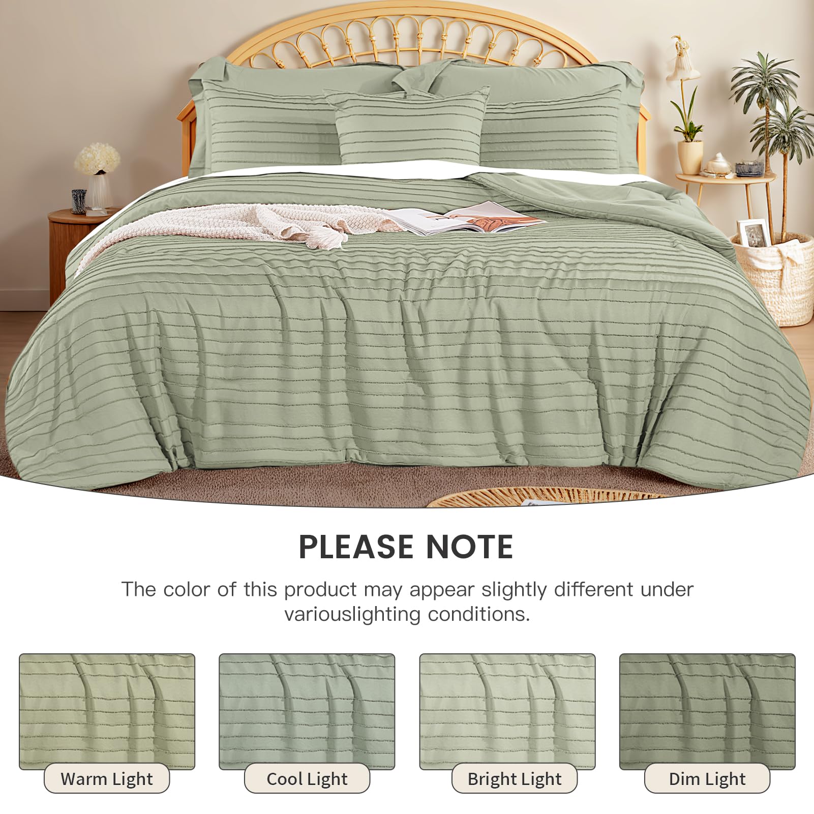 NEXHOME PRO Tufted Boho Comforter Set King, 8 Piece Bed in a Bag, Ultra Soft Brushed Microfiber All-in-One Bedding, Lightweight All Season Comforter, Machine Washable, Sage Green