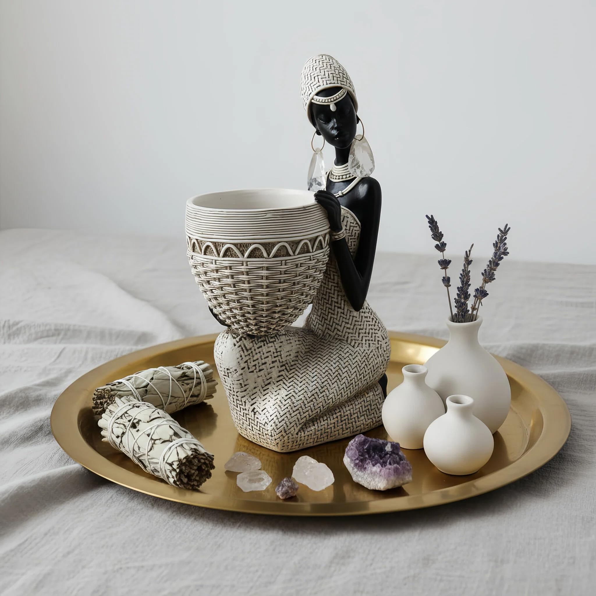 Lescafita African Woman Sculpture with Gold Leaf Bowl, Handmade Resin Figurine, Exotic Tribal Art Statue for Living Room, Dining Table, or Entryway Decoration