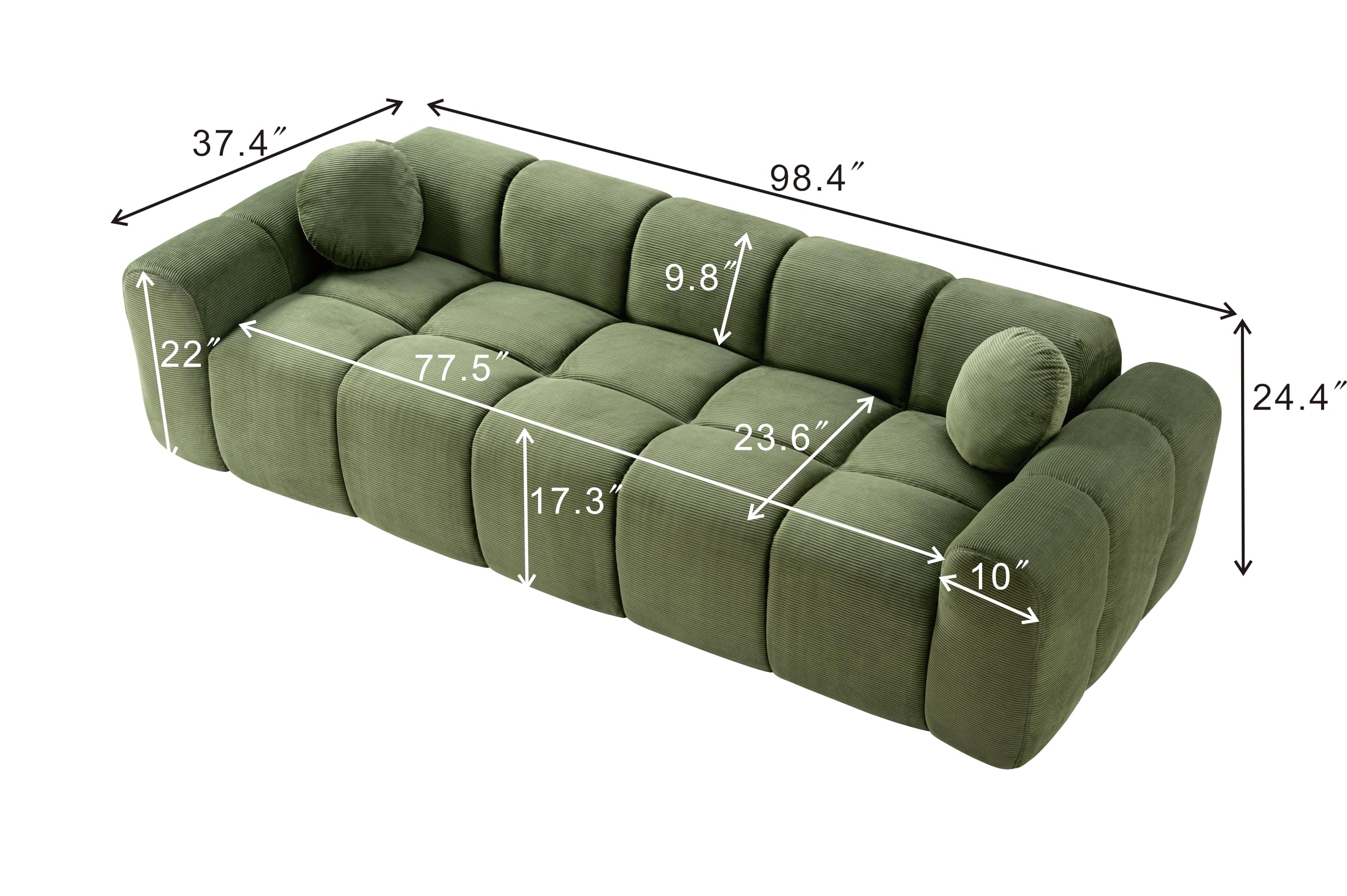 98.4-Inch Oversized Boneless Cloud Couches Deep Seat Foam Sofa Couch with 2 Round Toss Pillows, Luxury Corduroy Upholstered 3 Seat Tufted Loveseat, Cloud Sofa in a Box