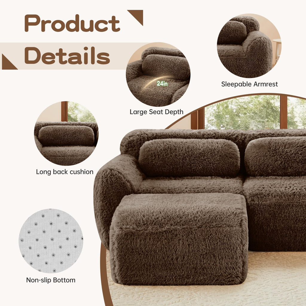 98.4-Inch Oversized Boneless Cloud Couches Deep Seat Foam Sofa Couch with 2 Round Toss Pillows, Luxury Corduroy Upholstered 3 Seat Tufted Loveseat, Cloud Sofa in a Box