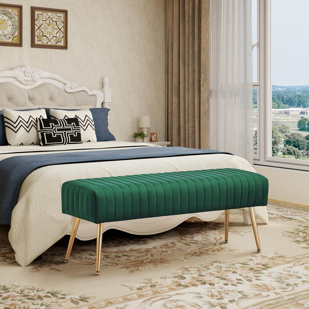 Furnimart 44 Inch Green Velvet Bench Ottoman Comfortable Footrest Stool Table Bench Dining Bench Tufting Bench Indoor Bench with Gold Legs for Living Room Bedroom Entryway (Velvet-Green)
