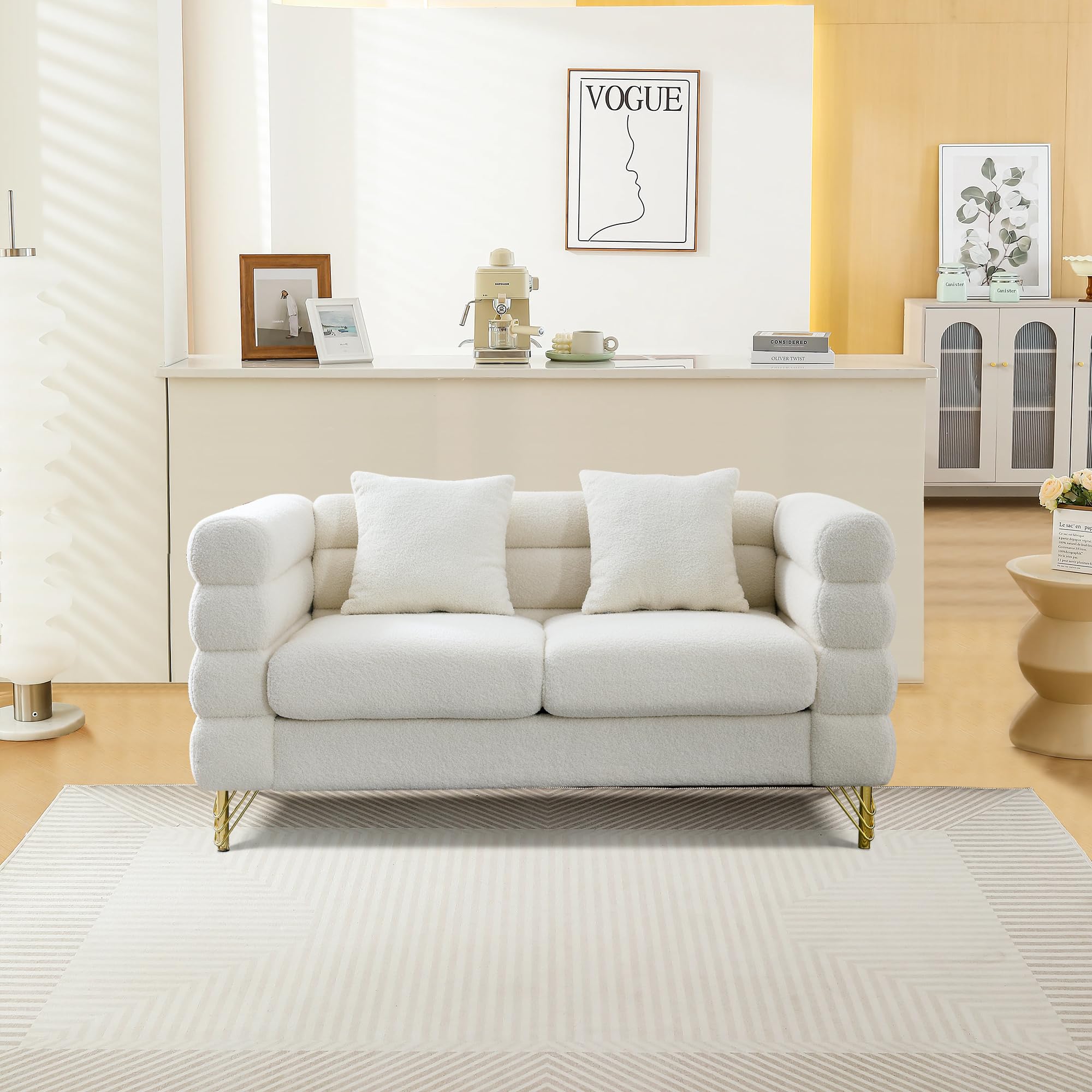 mikibama Modern Teddy Sectional Sofa, 81 Inch Oversized Sofa Couch, Luxury 3 Seater Deep Couch with 3 Pillows and Gold Metal Legs for Living Room, Bedroom, Apartment (Black)