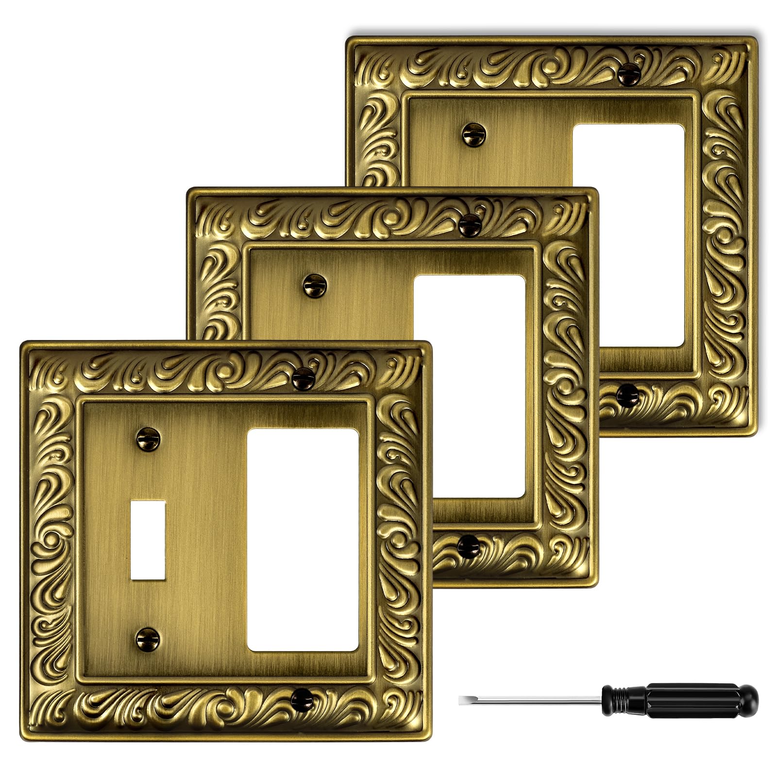 Antique Brass Duplex Outlet Cover Paisley Pattern Decorative Wall Plates for Electrical Outlet, Metal Switch Plates and Receptacle Cover for Kitchen Bathroom (1 Gang Duplex Outlet-6 Pack)