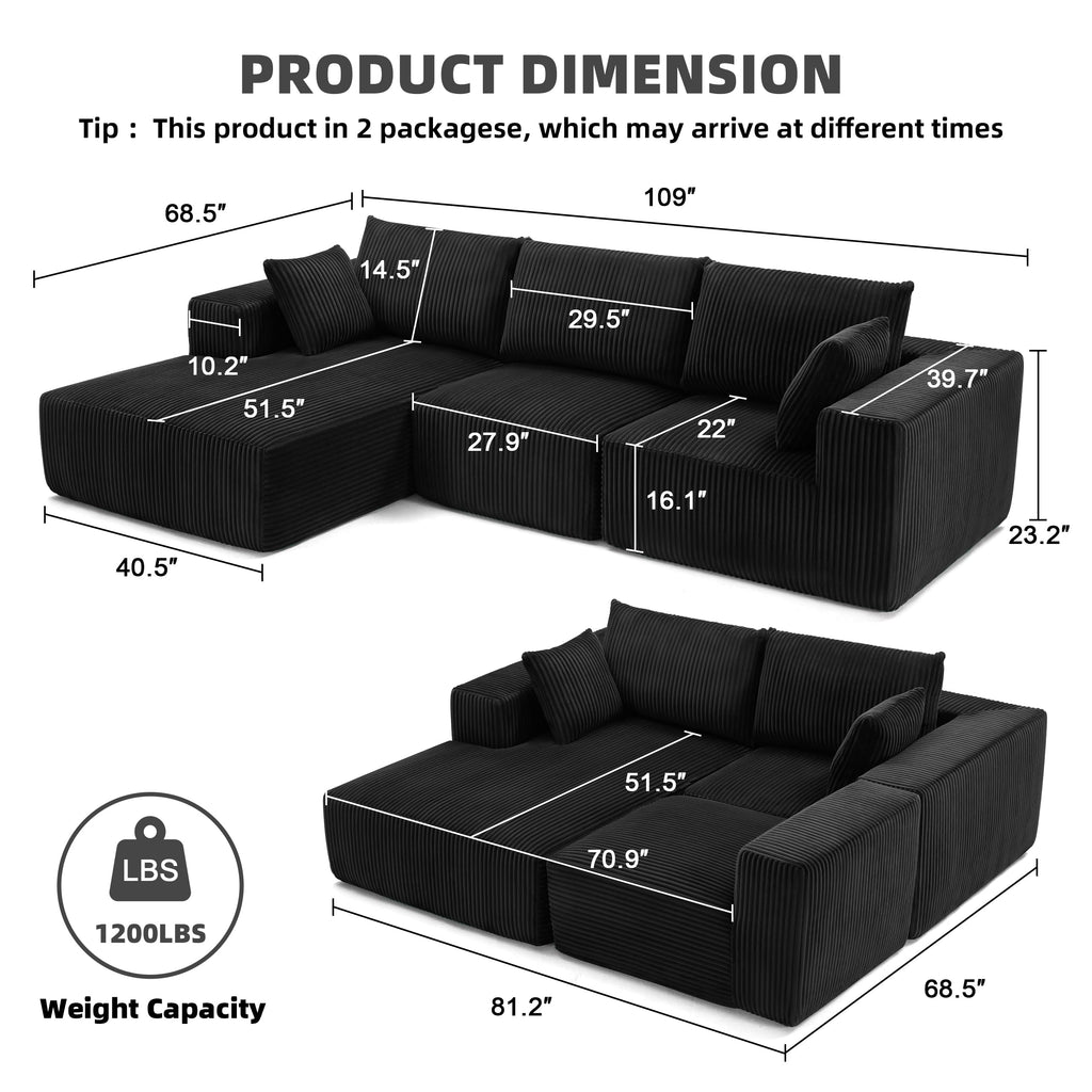 108” Modular Sectional Sofa, Cloud Sectional Couch with Deep Seat, Modern Modular L-Shape Sofa Couch with Chaise,Upholstered Boneless Couches for Living Room Bedroom (Beige, Left Facing Chaise)