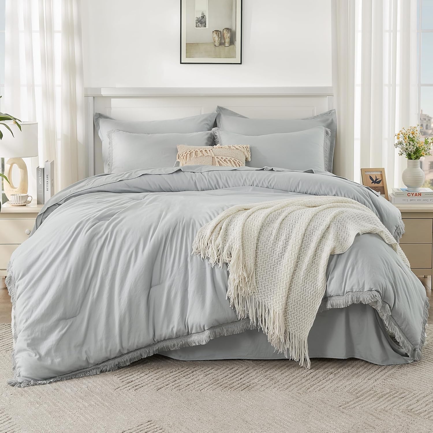 Andency King Size Comforter Set with Sheets Light Pink - 7 Pieces Bed in a Bag Boho Soft Lightweight Bedding Sets, Tassel Bed Set with Comforter, Sheets, Pillowcases & Shams