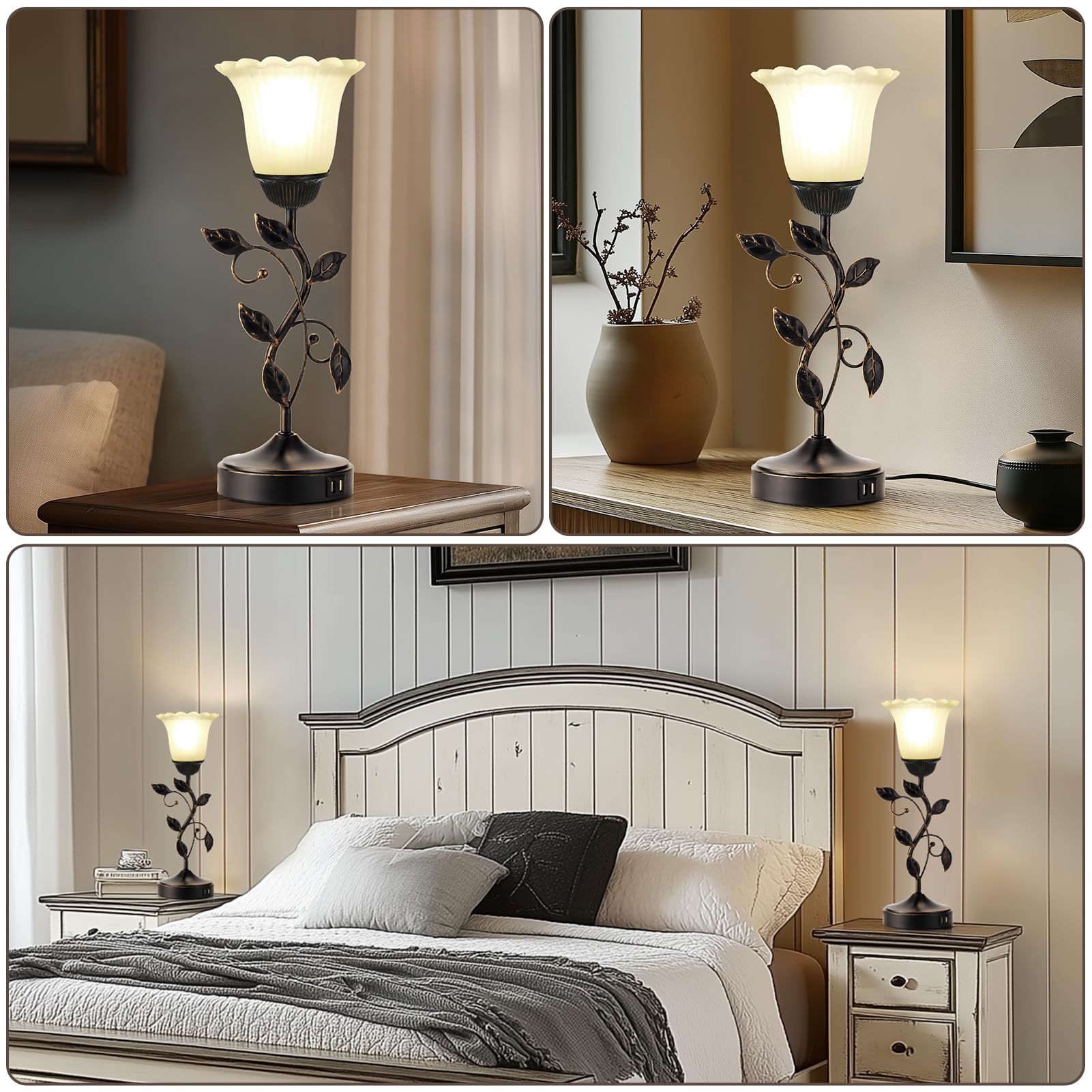 Touch Control Table Lamp with 2 USB Charging Ports, 3-Way Dimmable Bedside Nightstand Lamps, Amber Glass Shade Vintage Rural Leaf Lamp for Living Room, Bedroom, Dresser, LED Bulb Included (Bronze)