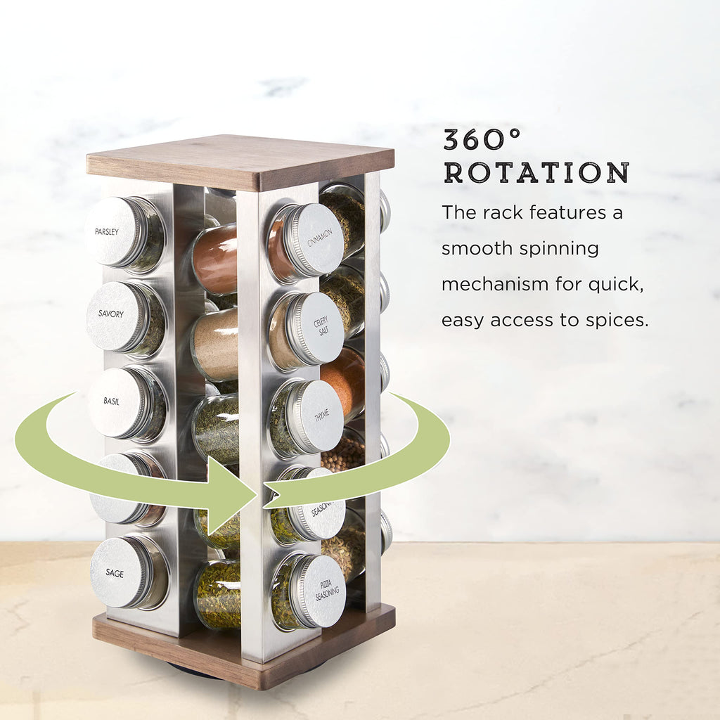 Kamenstein 20 Jar Revolving Countertop Spice Rack with Spices Included, FREE Spice Refills for 5 Years, Polished Stainless Steel with Black Caps, 30020