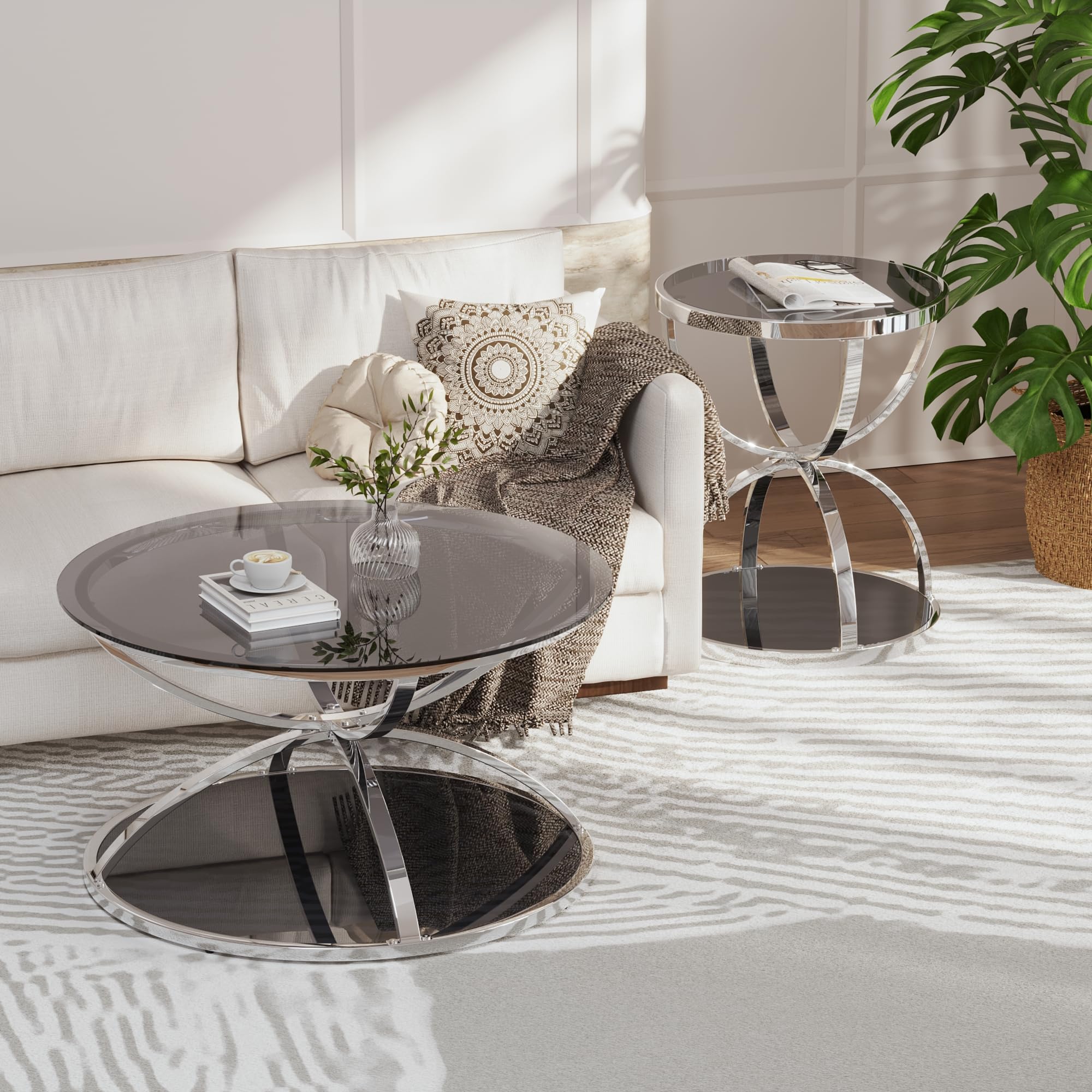 32" Tempered Glass Round Coffee Table Modern Gold Frame Ring Base Single-Layer Circle Living Room Center Tables