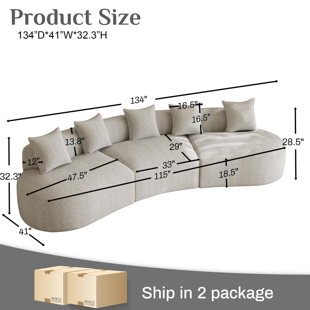 131" Oversized Sectional Sofa for Living Room, Modern Luxury Plush Chenille 4-Seater Extra Deep & Wide Seat Curved Cloud Couch with 4 Throw Pillows, No Assembly Needed, Light Brown
