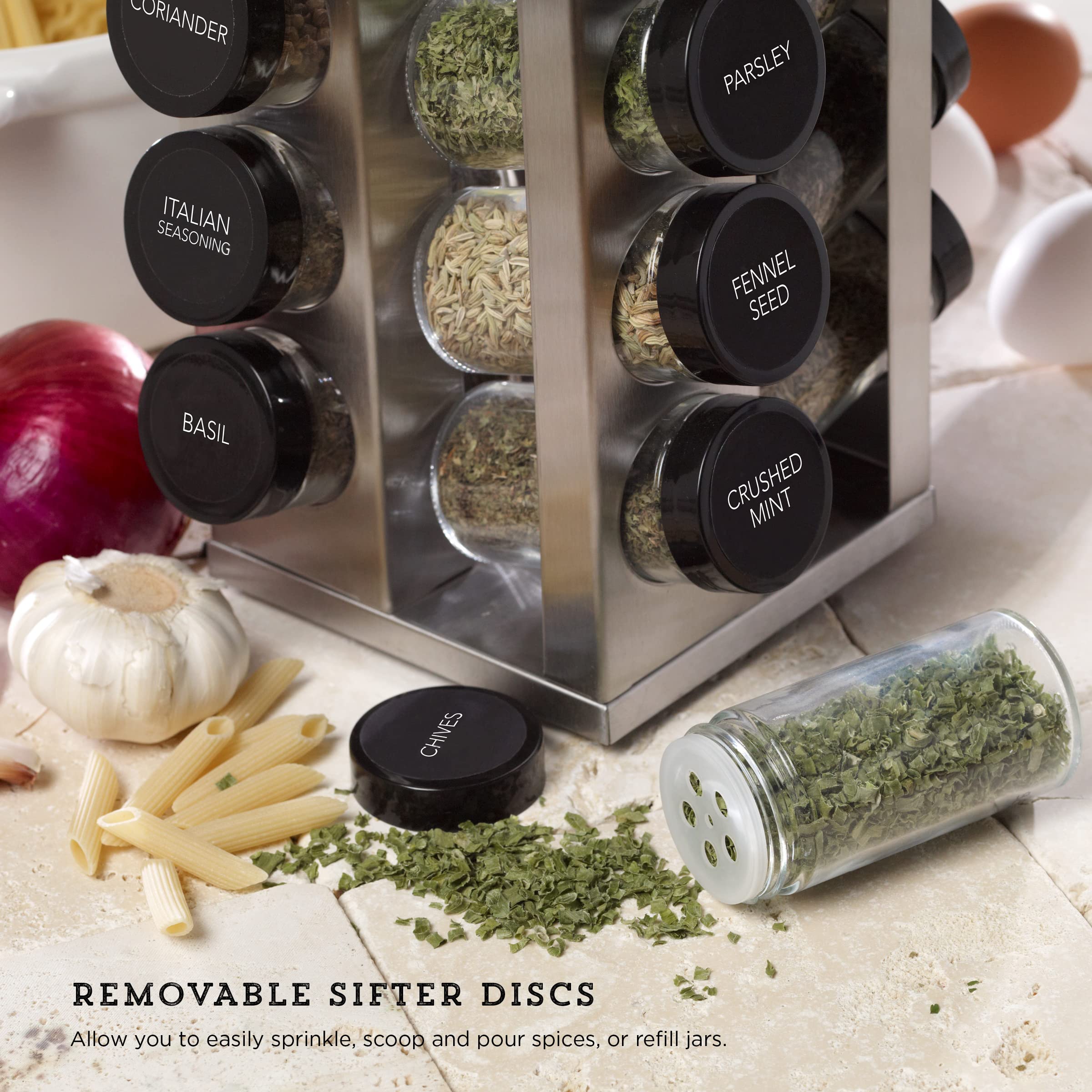 Kamenstein 20 Jar Revolving Countertop Spice Rack with Spices Included, FREE Spice Refills for 5 Years, Polished Stainless Steel with Black Caps, 30020