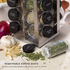 Kamenstein 20 Jar Revolving Countertop Spice Rack with Spices Included, FREE Spice Refills for 5 Years, Polished Stainless Steel with Black Caps, 30020