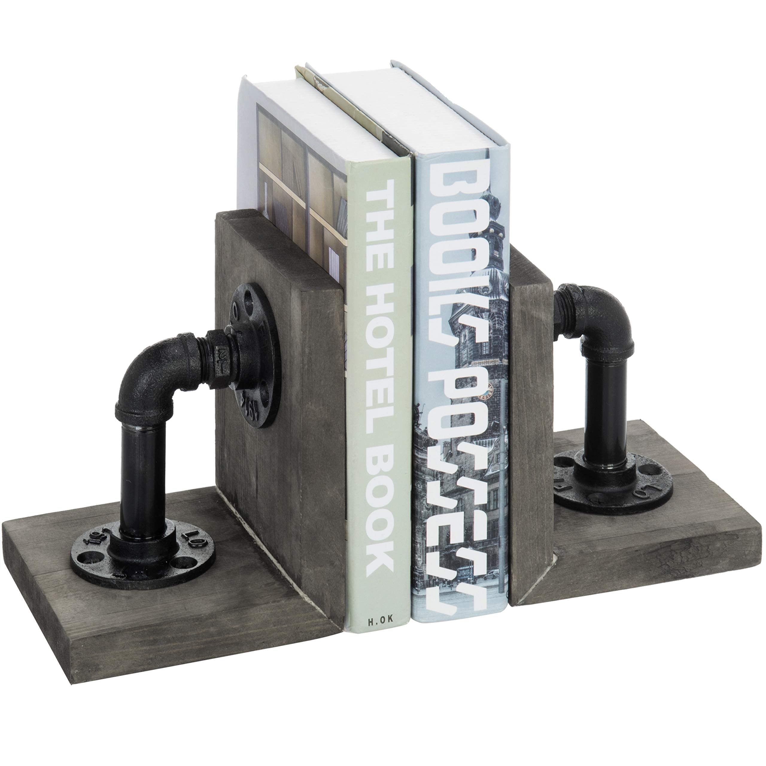MyGift Book Ends Decorative, Bookends for Shelves, Metal Bookends for Heavy Books, Office Decor for Men, Wood Book Stopper, Realistic Industrial Pipe Design, Dark Brown