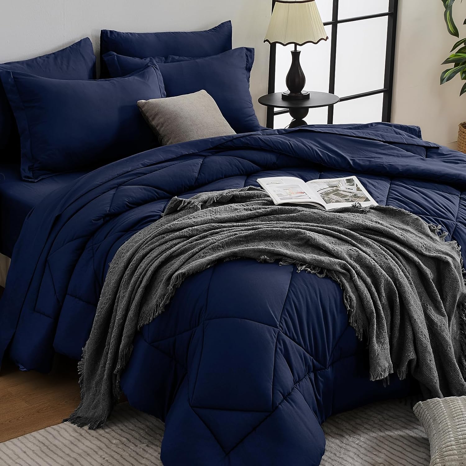 HEVUMYI 7 Pieces Queen Comforter Set, All Season Reversible Bed in a Bag, Ultra Soft Queen Bedding Set with Grey Comforter, Flat Sheet, Fitted Sheet, Pillowcases, Pillow Shams, Dark Grey