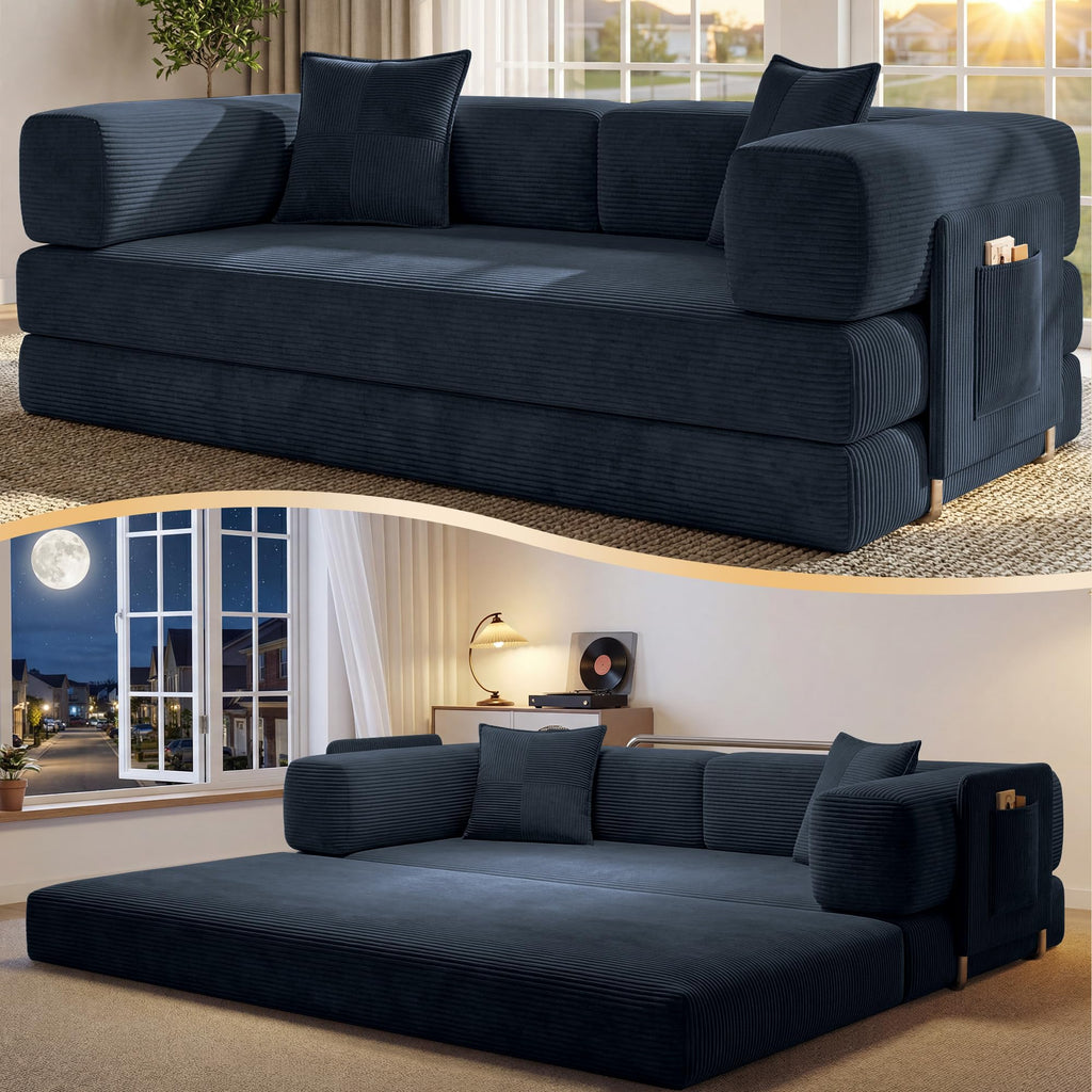 78.8" Convertible Futon Sofa Bed,Corduroy Futon Couch with Storage Pocket,Folding Pull Out Sofa,No Assembly Boneless Couch for Living Room | Pink