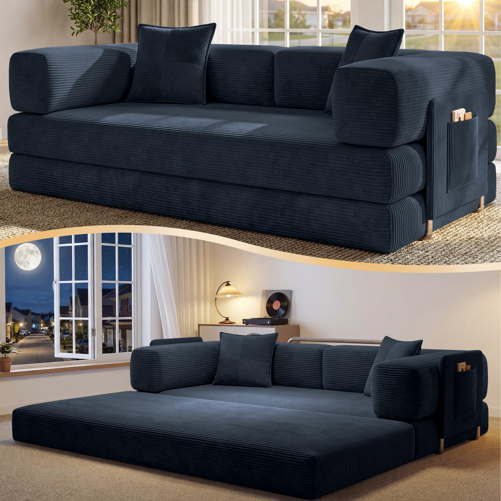 78.8" Convertible Futon Sofa Bed,Corduroy Futon Couch with Storage Pocket,Folding Pull Out Sofa,No Assembly Boneless Couch for Living Room | Pink