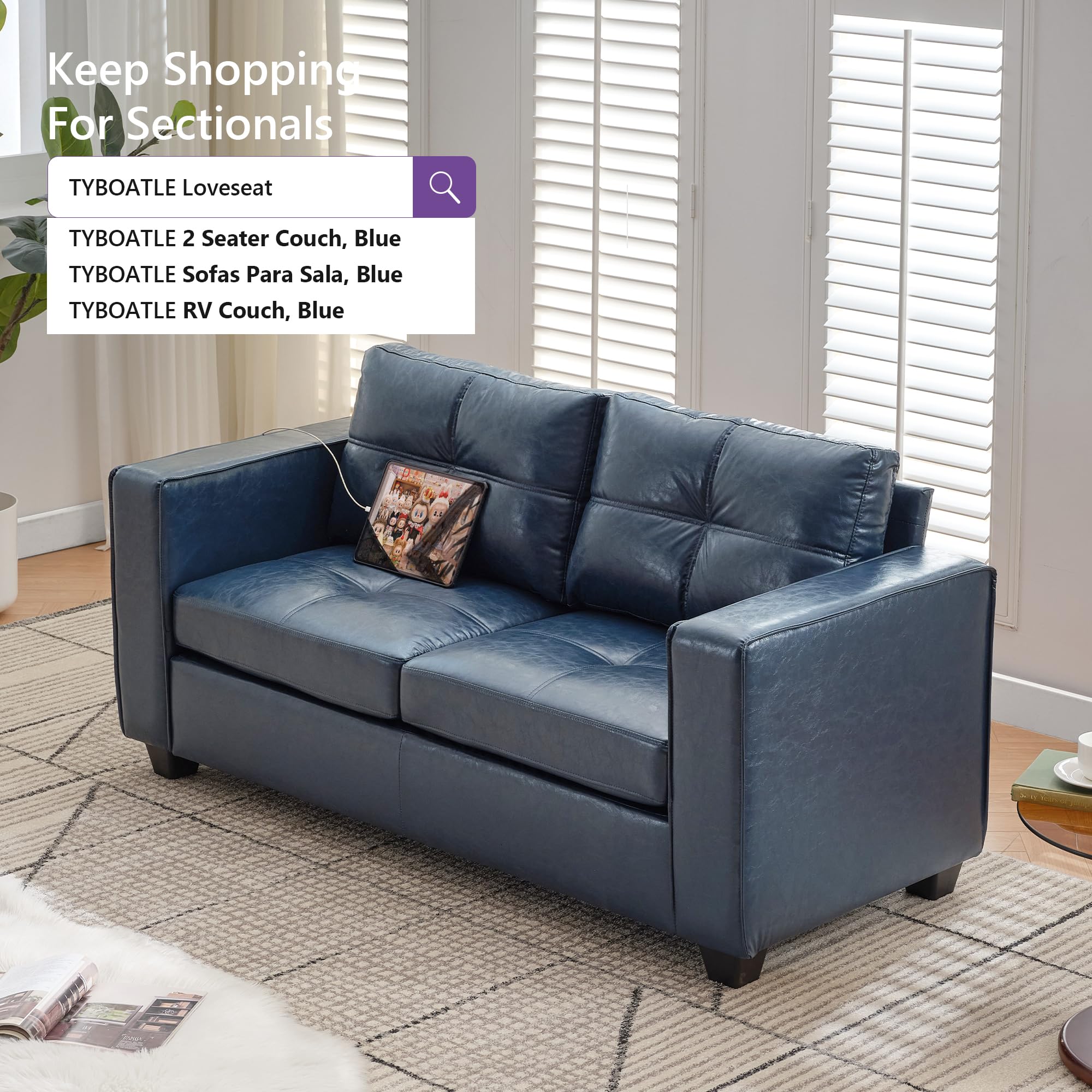 TYBOATLE 88" W Blue Faux Leather L Shaped Sectional Couches w/Side Pockets, Comfy Modular Convertible Sofas w/USB, Office Sofa Set with Chaise for Living Room, Bedroom (Blue, 3L)