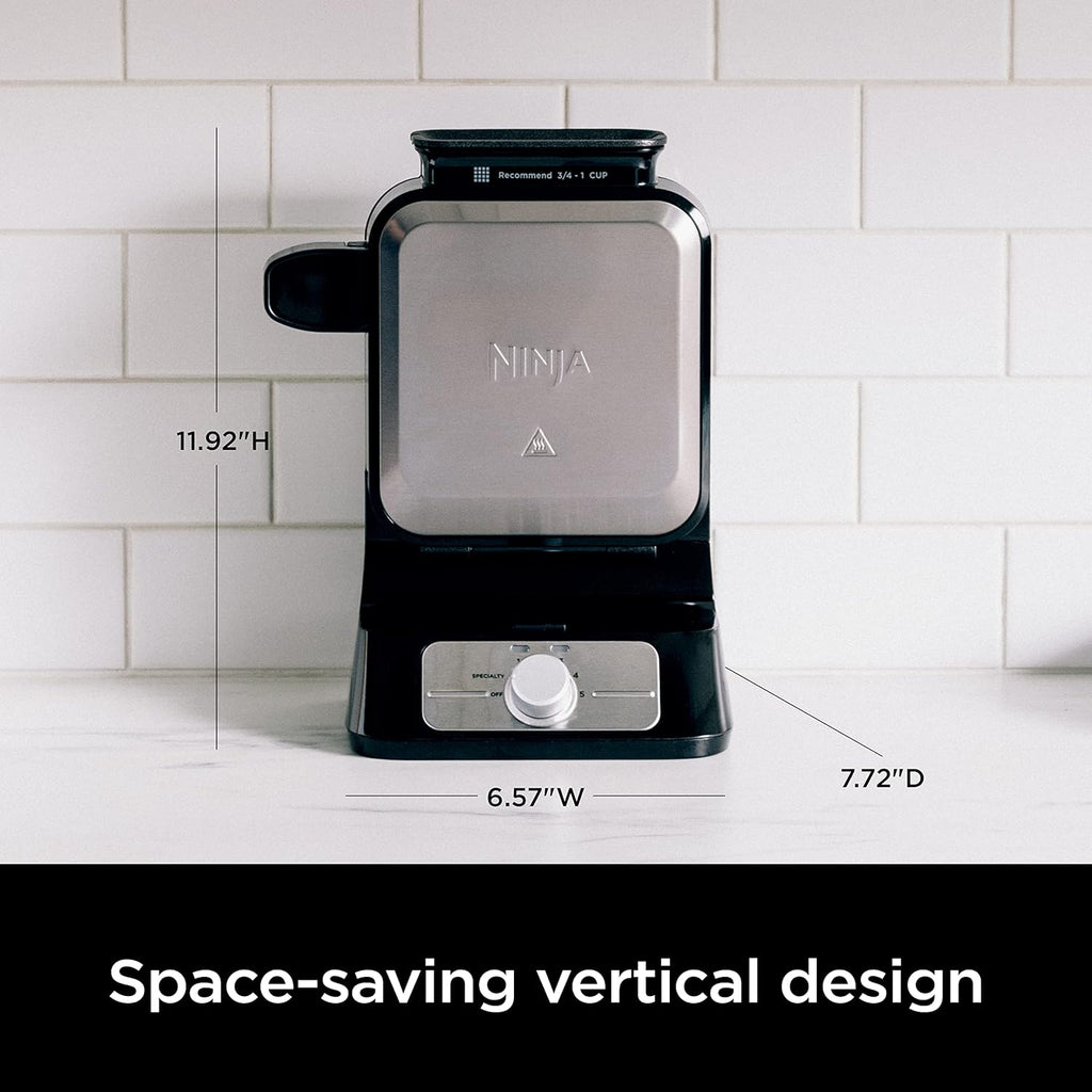 Ninja Belgian Waffle Maker Pro | Vertical Design | 5 Shade Settings with Precision-Pour Cup & Chef-curated Recipe Guide | Black & Silver | BW1001