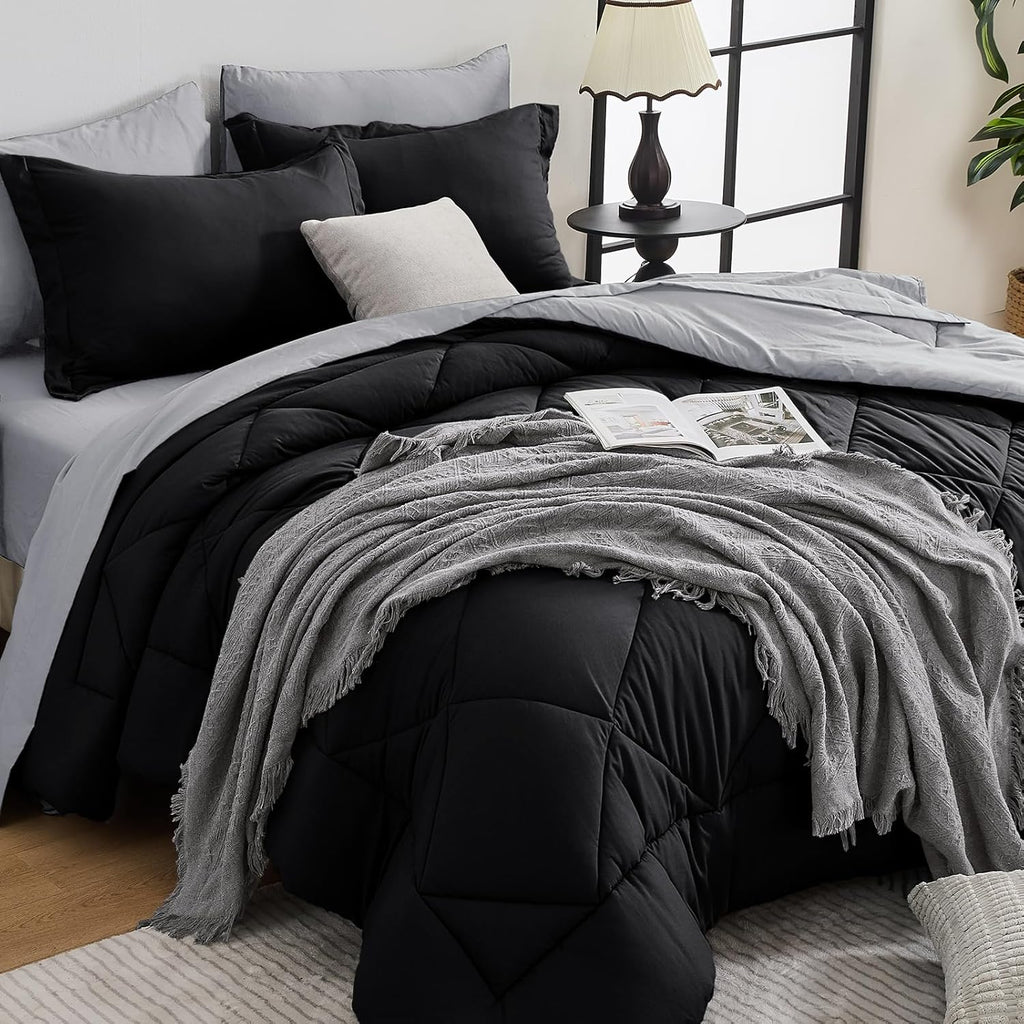 HEVUMYI 7 Pieces Queen Comforter Set, All Season Reversible Bed in a Bag, Ultra Soft Queen Bedding Set with Grey Comforter, Flat Sheet, Fitted Sheet, Pillowcases, Pillow Shams, Dark Grey
