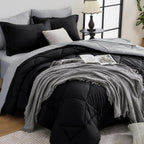 HEVUMYI 7 Pieces Queen Comforter Set, All Season Reversible Bed in a Bag, Ultra Soft Queen Bedding Set with Grey Comforter, Flat Sheet, Fitted Sheet, Pillowcases, Pillow Shams, Dark Grey