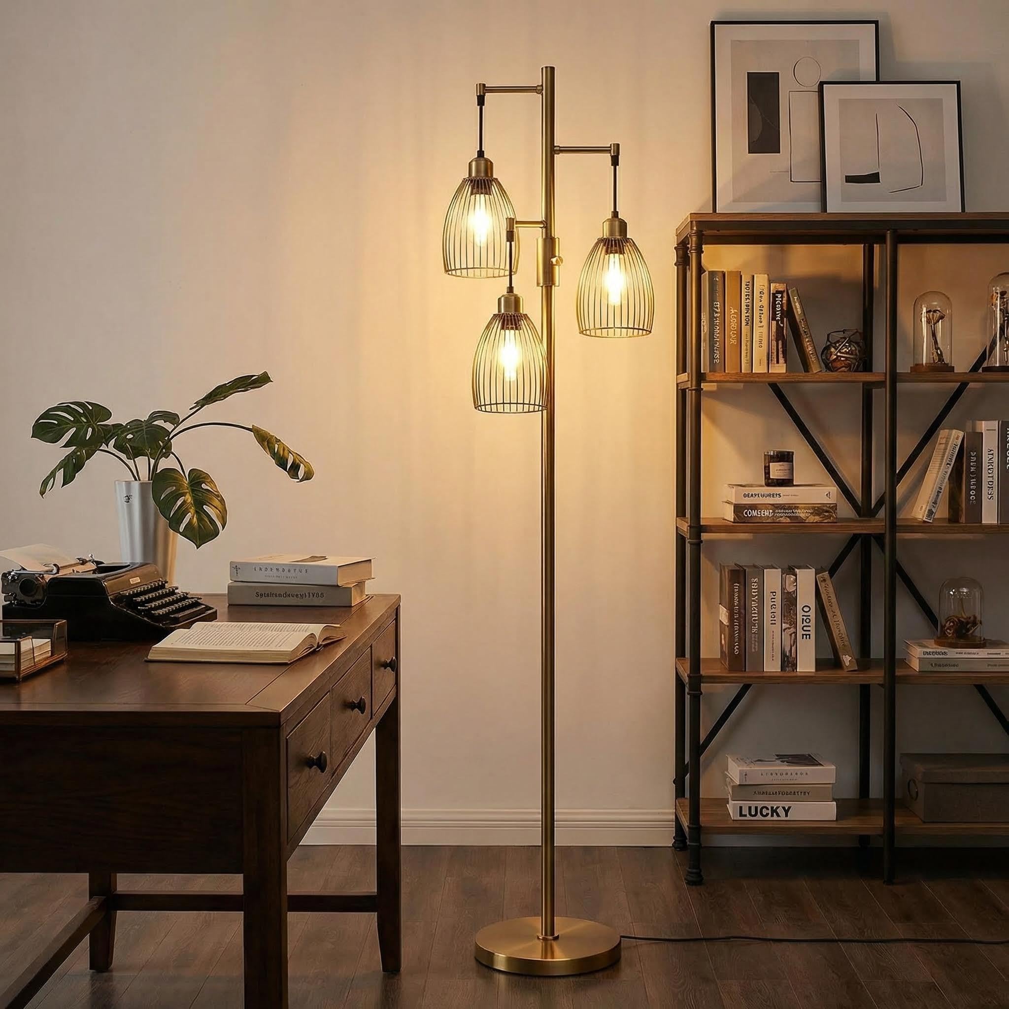 Dimmable Floor Lamp, Industrial Floor Lamps for Living Room, Gold Tree Lamp Standing Lamp Tall Lamps with 3 Elegant Teardrop Cage Head & 800 Lumens LED Bulbs for Living room Bedroom Office Dining Room