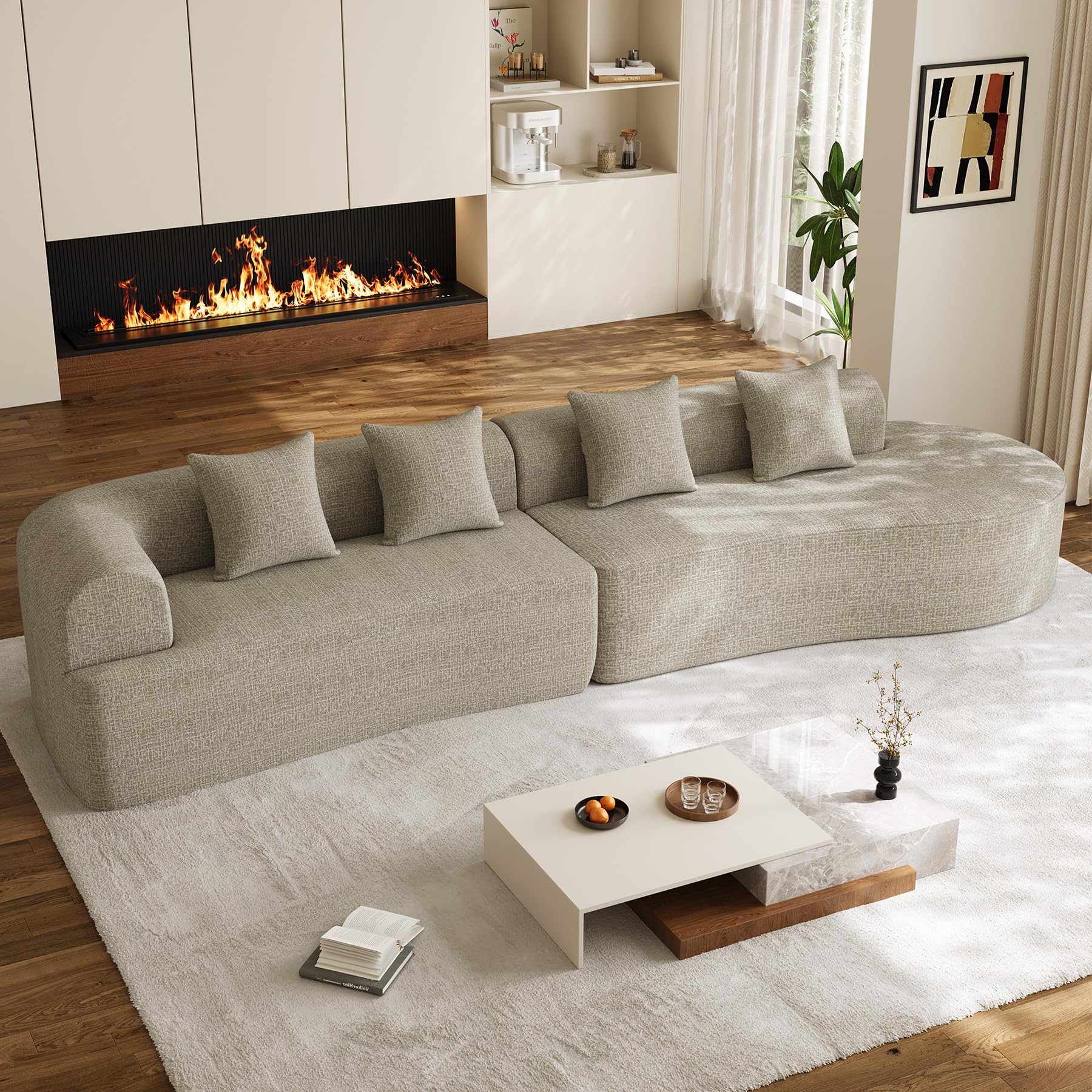 131" Oversized Sectional Sofa for Living Room, Modern Luxury Plush Chenille 4-Seater Extra Deep & Wide Seat Curved Cloud Couch with 4 Throw Pillows, No Assembly Needed, Light Brown