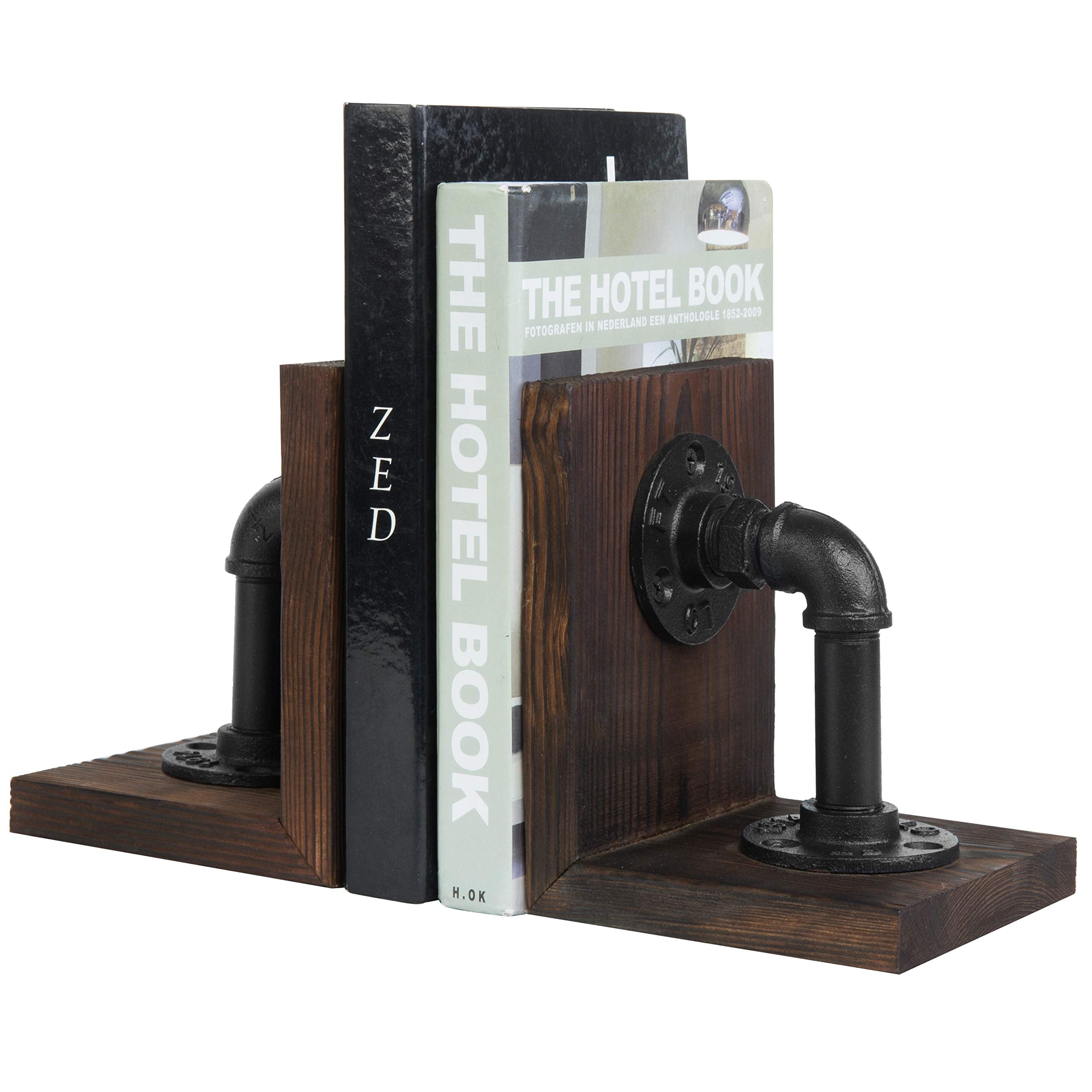 MyGift Book Ends Decorative, Bookends for Shelves, Metal Bookends for Heavy Books, Office Decor for Men, Wood Book Stopper, Realistic Industrial Pipe Design, Dark Brown