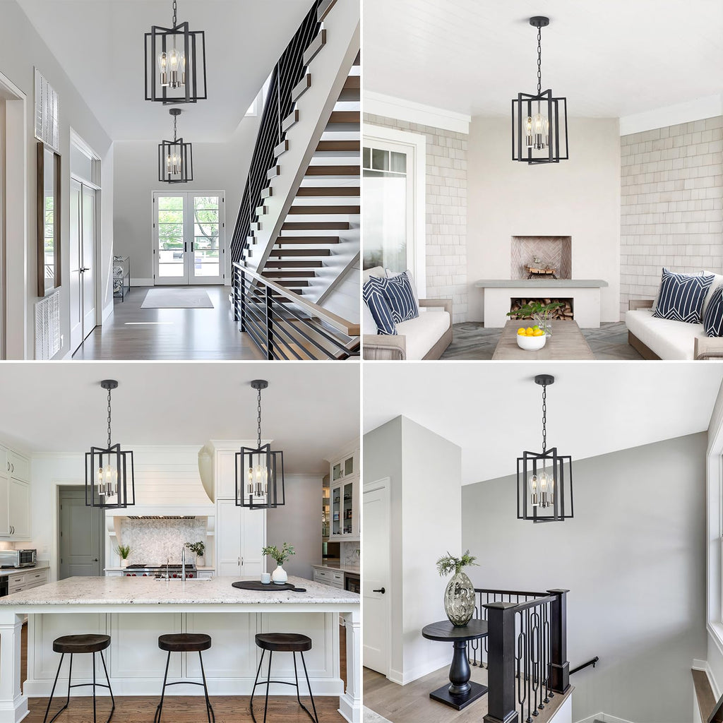 Black Gold Chandelier for Dining Room, Modern Farmhouse 3 Light Entryway Pendant Light Fixture Adjustable Geometric Industrial Rustic Foyer Light for Living Room Kitchen Island Hallway Bedroom