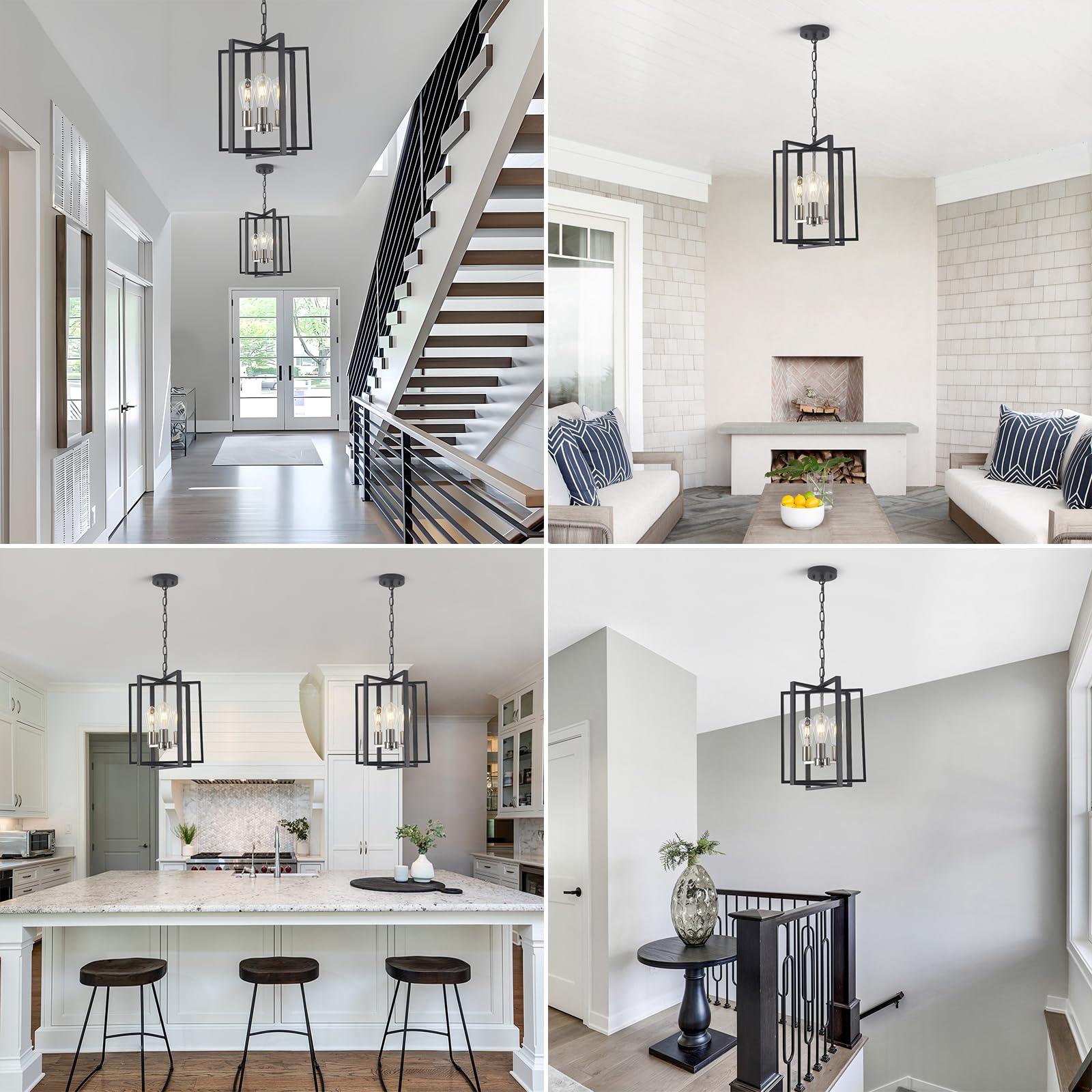 Black Gold Chandelier for Dining Room, Modern Farmhouse 3 Light Entryway Pendant Light Fixture Adjustable Geometric Industrial Rustic Foyer Light for Living Room Kitchen Island Hallway Bedroom