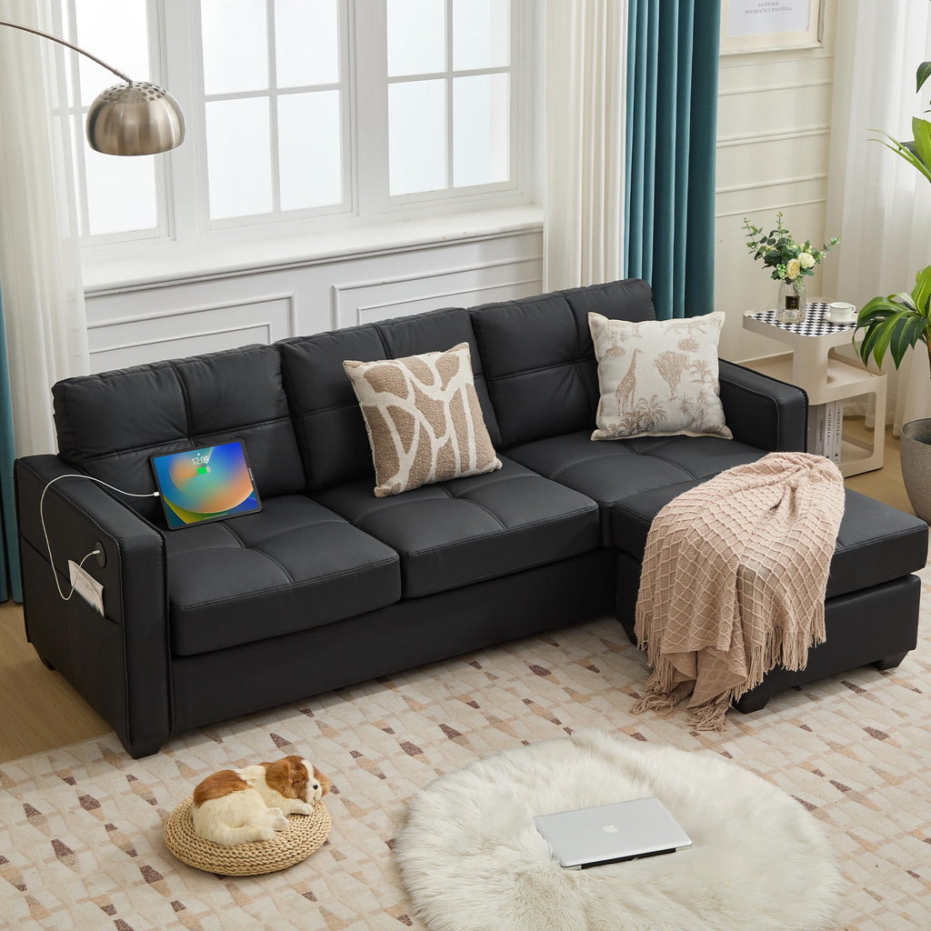TYBOATLE 88" W Blue Faux Leather L Shaped Sectional Couches w/Side Pockets, Comfy Modular Convertible Sofas w/USB, Office Sofa Set with Chaise for Living Room, Bedroom (Blue, 3L)