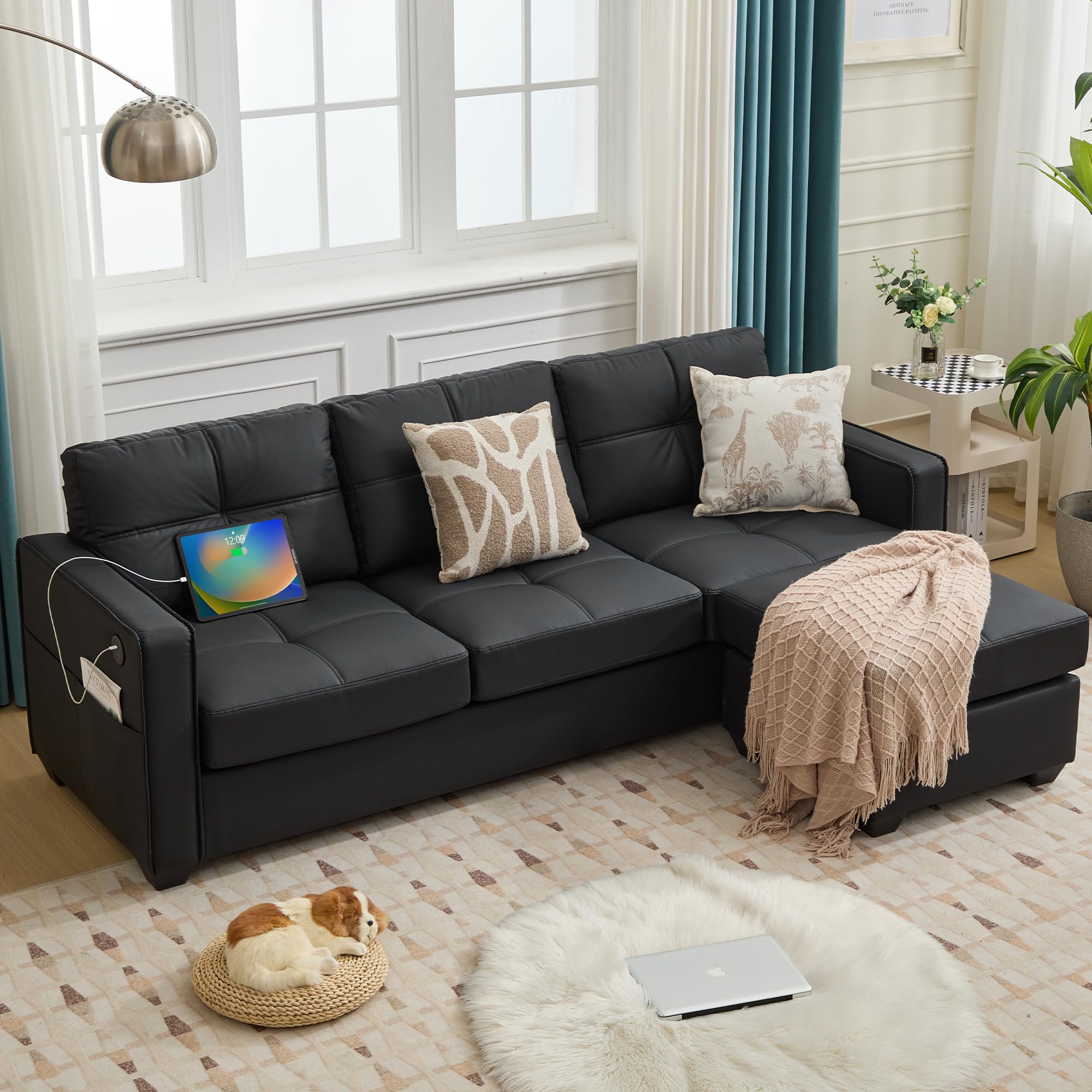 TYBOATLE 88" W Blue Faux Leather L Shaped Sectional Couches w/Side Pockets, Comfy Modular Convertible Sofas w/USB, Office Sofa Set with Chaise for Living Room, Bedroom (Blue, 3L)