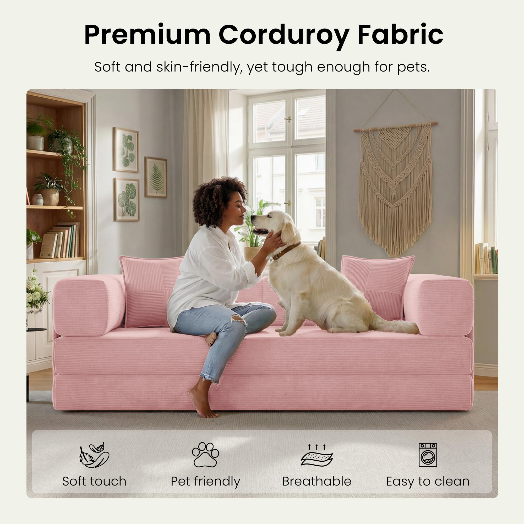 78.8" Convertible Futon Sofa Bed,Corduroy Futon Couch with Storage Pocket,Folding Pull Out Sofa,No Assembly Boneless Couch for Living Room | Pink