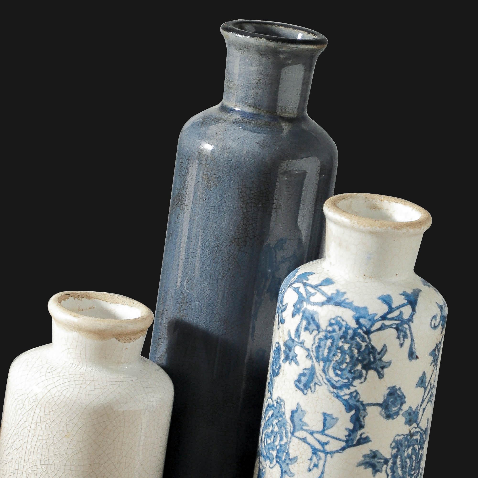 Vintage Vase Set of 3, Ceramic Vintage Flower Vases, Chinoiserie Decorative Home Decor Retro Floral Vase Rustic Farmhouse Decor for Table Bookshelf Mantel Kitchen Living Room Office - Green and Beige