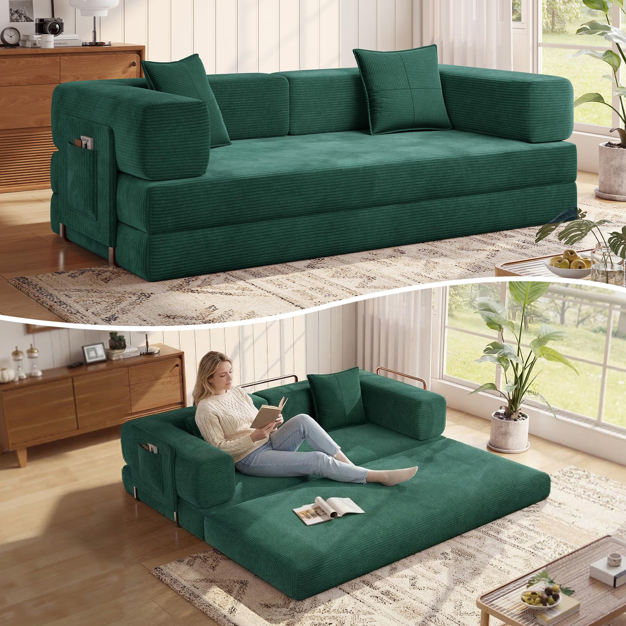 MoonSpeak 78.8''Sleeper Couch Bed for Livingroom,Convertible Modular Sofa with Armrest Pillow,Modular Foldable Corduroy Couches in a Box,No Assembly (Green)