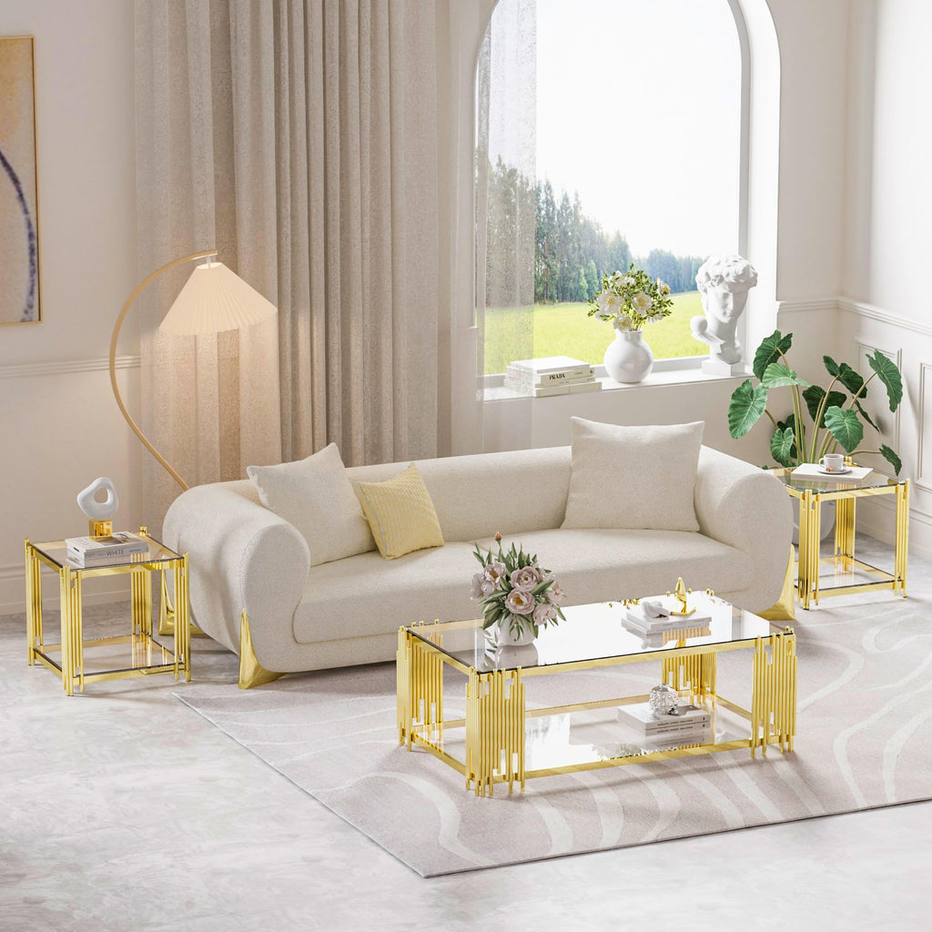 Luxury Gold Square Glass End Table, 19.7" Modern Side Table with Stainless Steel Irregular Leg Clear Tempered Glass Tabletop, Accent Furniture for Living Room, Clear